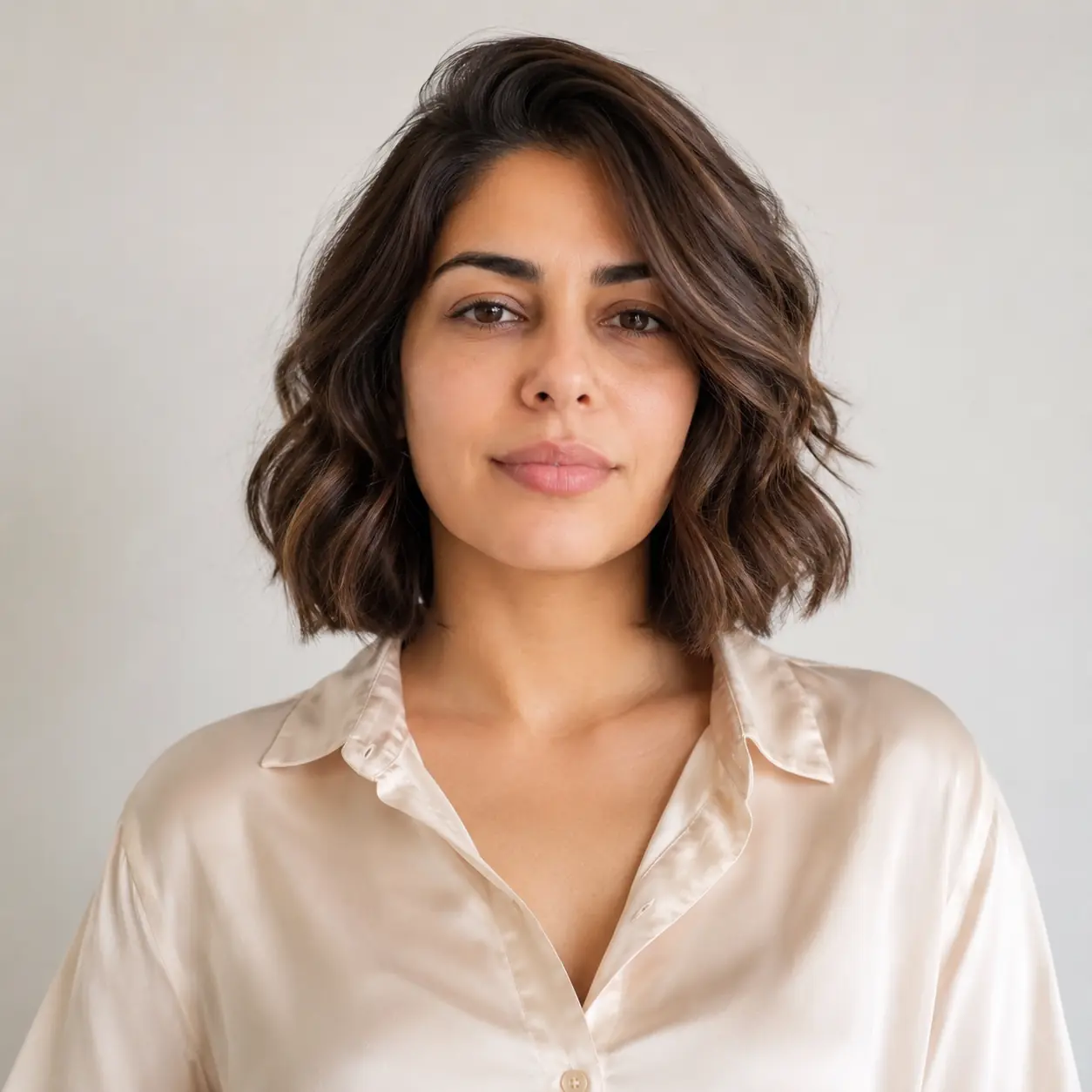 Deep glossy brunette chin-length wavy bob making medium hair look thick and healthy