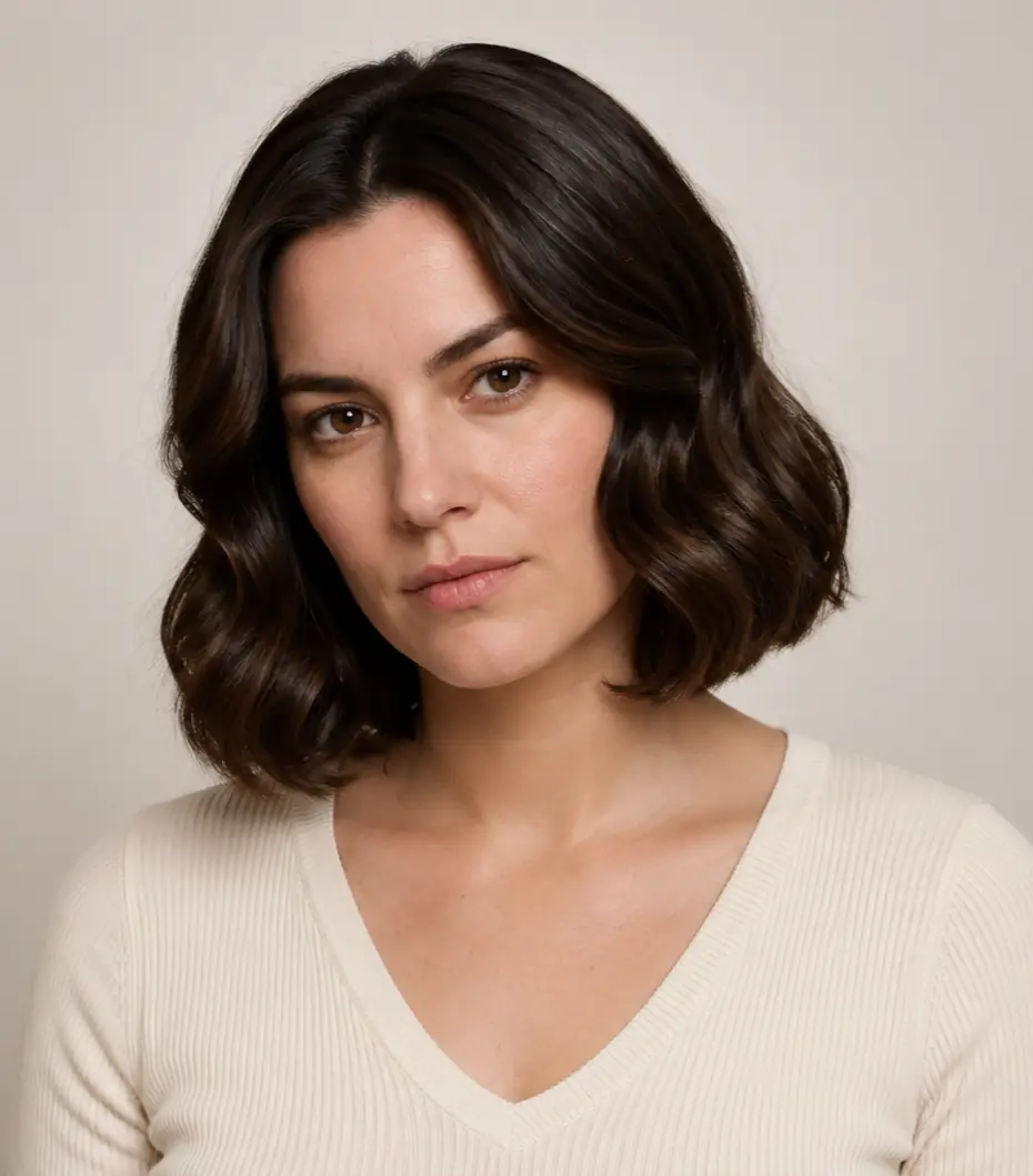 Deep brunette waves shaped into a rounded glossy bob with a polished finish