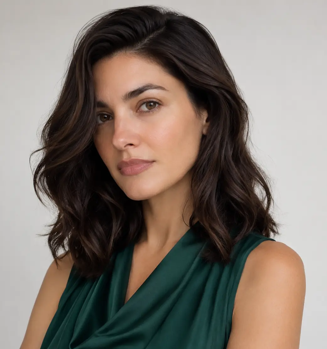 High-shine deep brunette wavy lob with polished, smooth waves