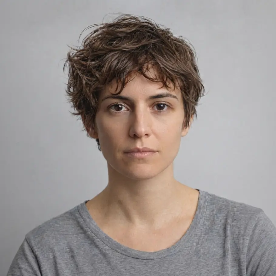 Messy grown-out brown pixie crop with piecey, bed-head texture and natural movement