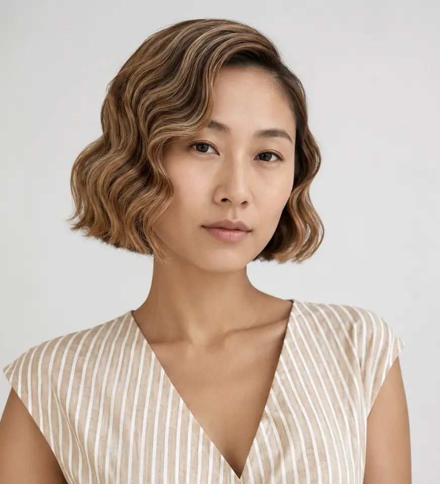 Soft bronde waves shaped into a rounded wavy bob with gentle width and body at the sides