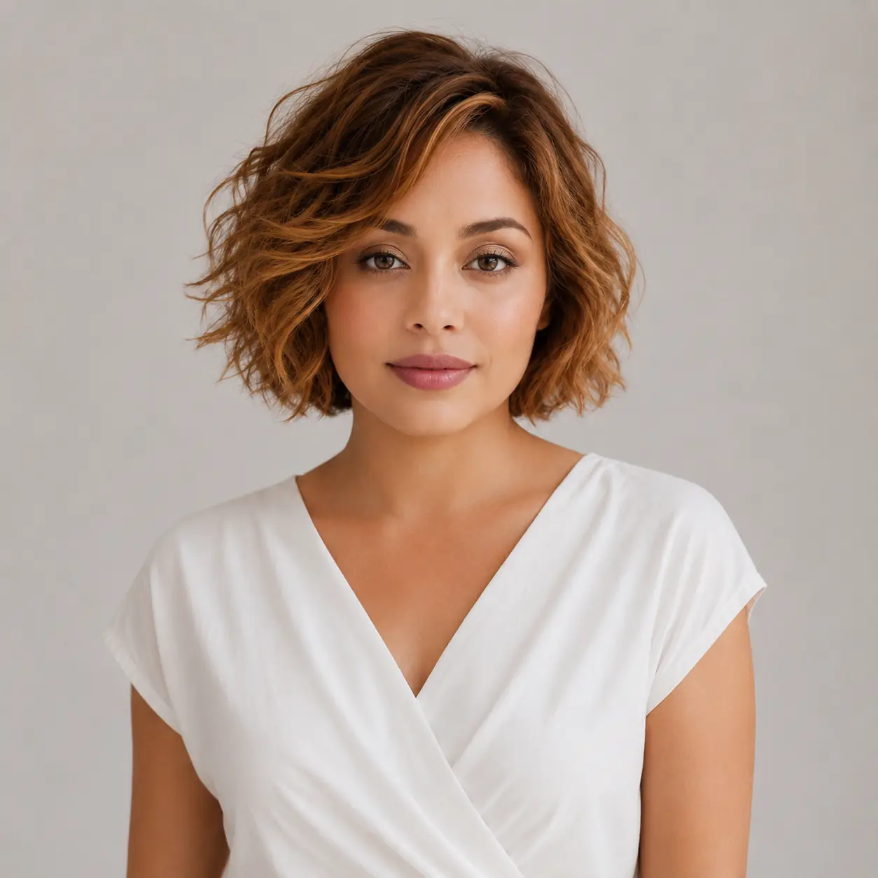 Vivid copper short wavy bob with tousled, glossy waves and concentrated warm color
