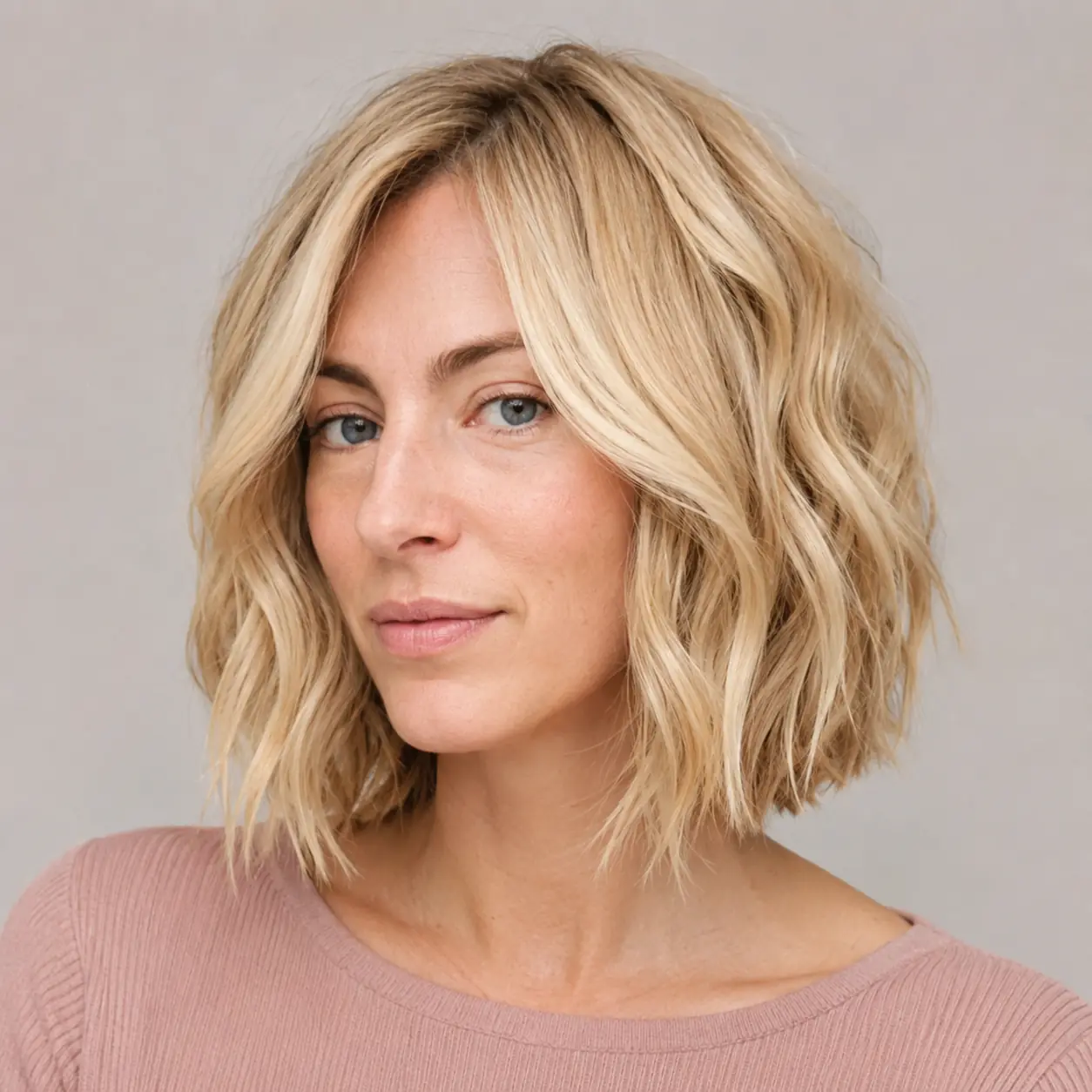 Tousled chin-length wavy bob in soft blonde with loose undone waves on fine hair