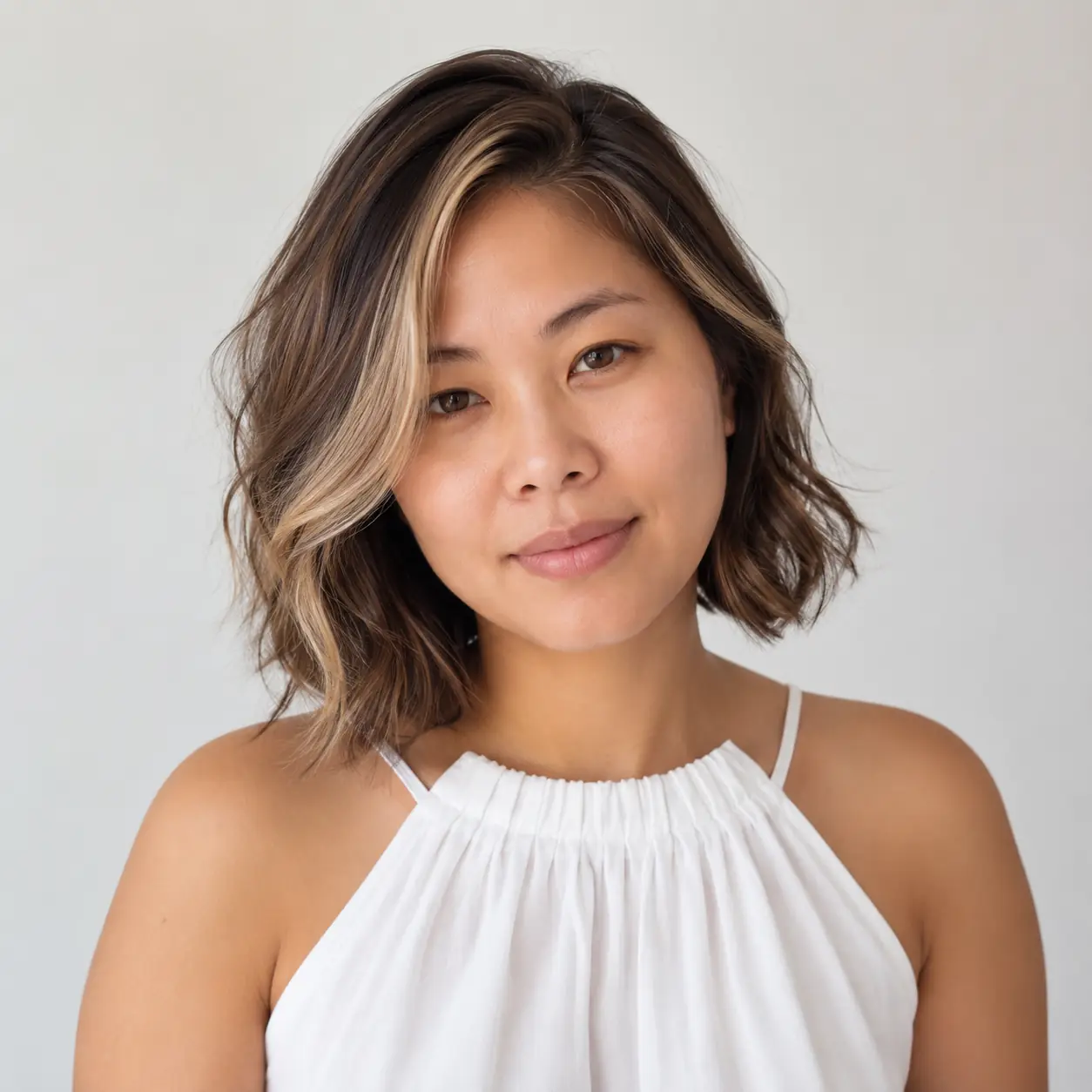 Deep side-parted bronde wavy lob with balayage sweeping across the forehead