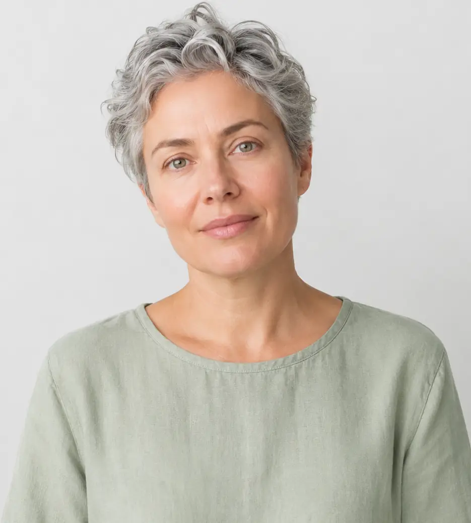 Natural silver curls shaped into a short bob with graceful body and defined curl