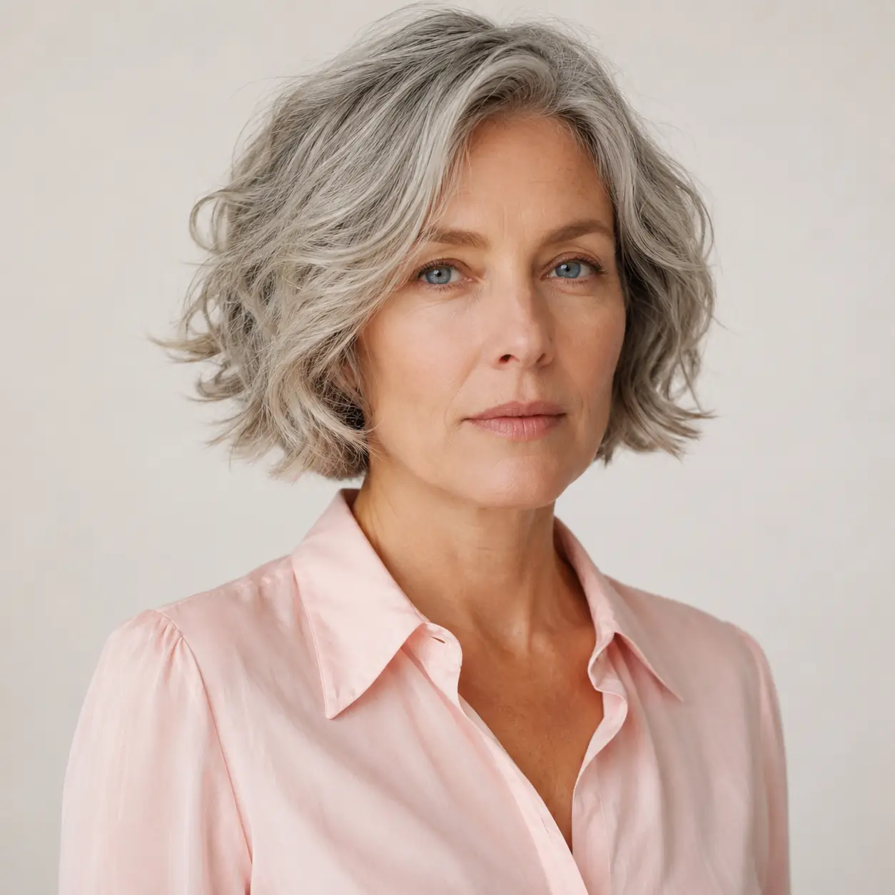 Natural silver wavy bob with soft waves adding body to gray hair