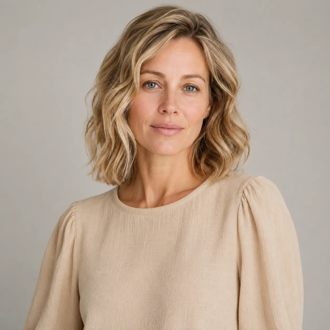 Gentle uniform waves on a blonde bob, a middle ground between polished and undone