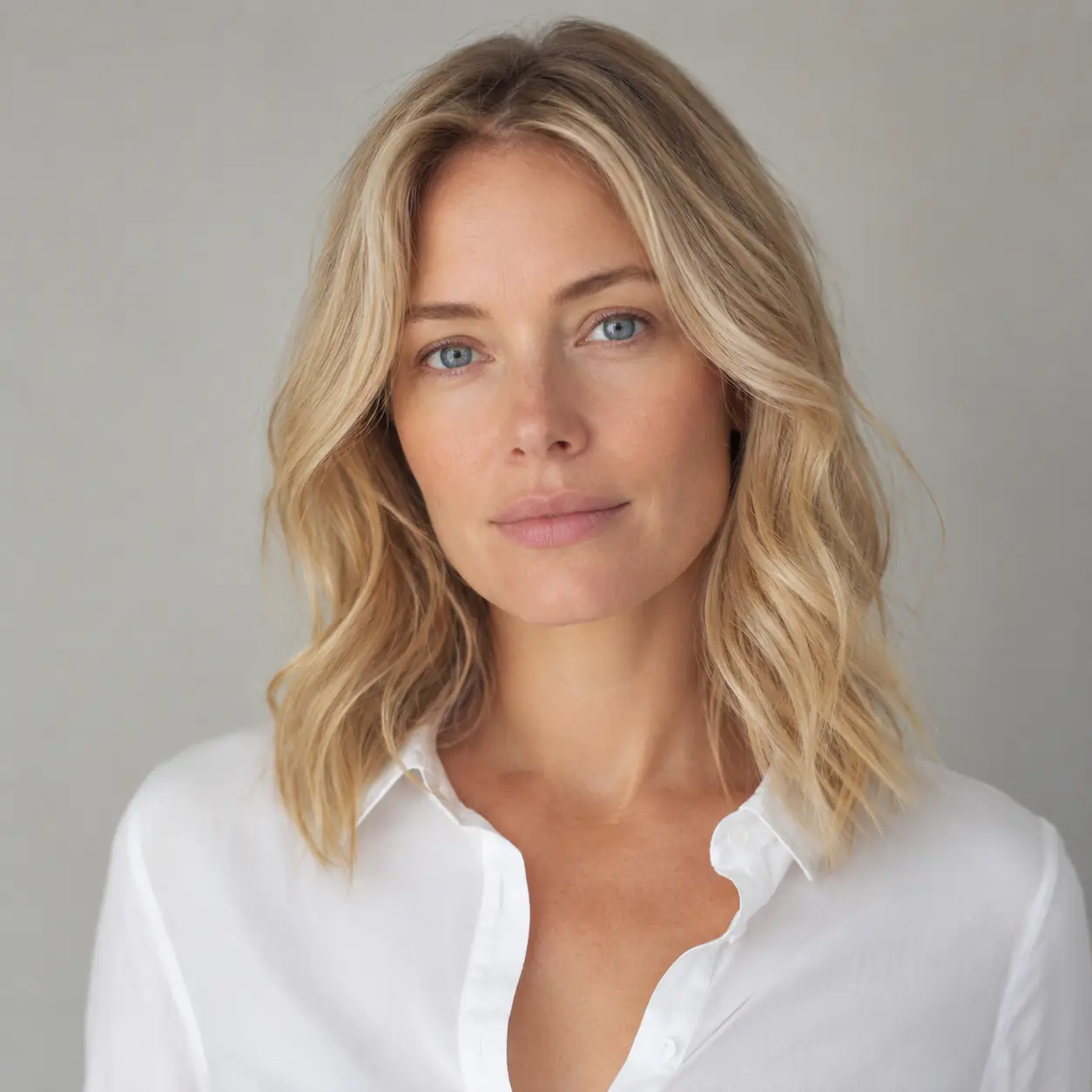 Blonde wavy lob with soft lightened face-framing pieces and loose casual waves
