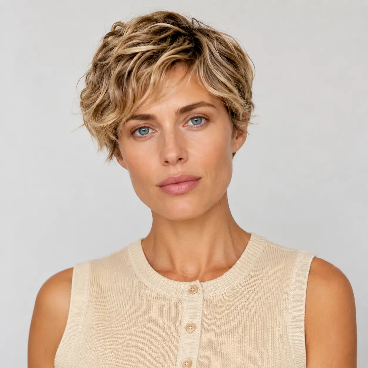 Textured blonde wavy pixie with longer waves on top over tapered sides for lift