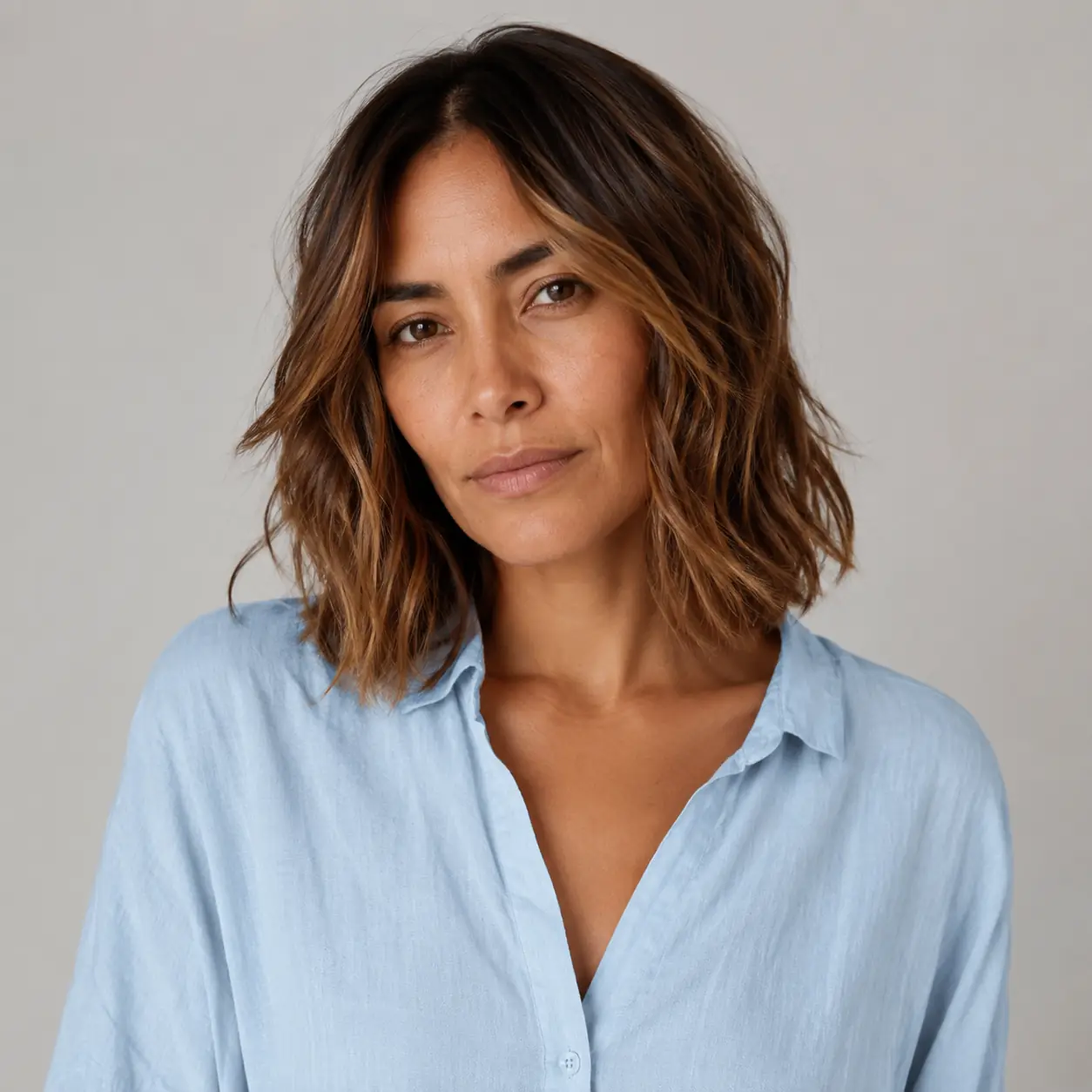 Undone brown wavy lob with easy off-duty texture on medium-density hair