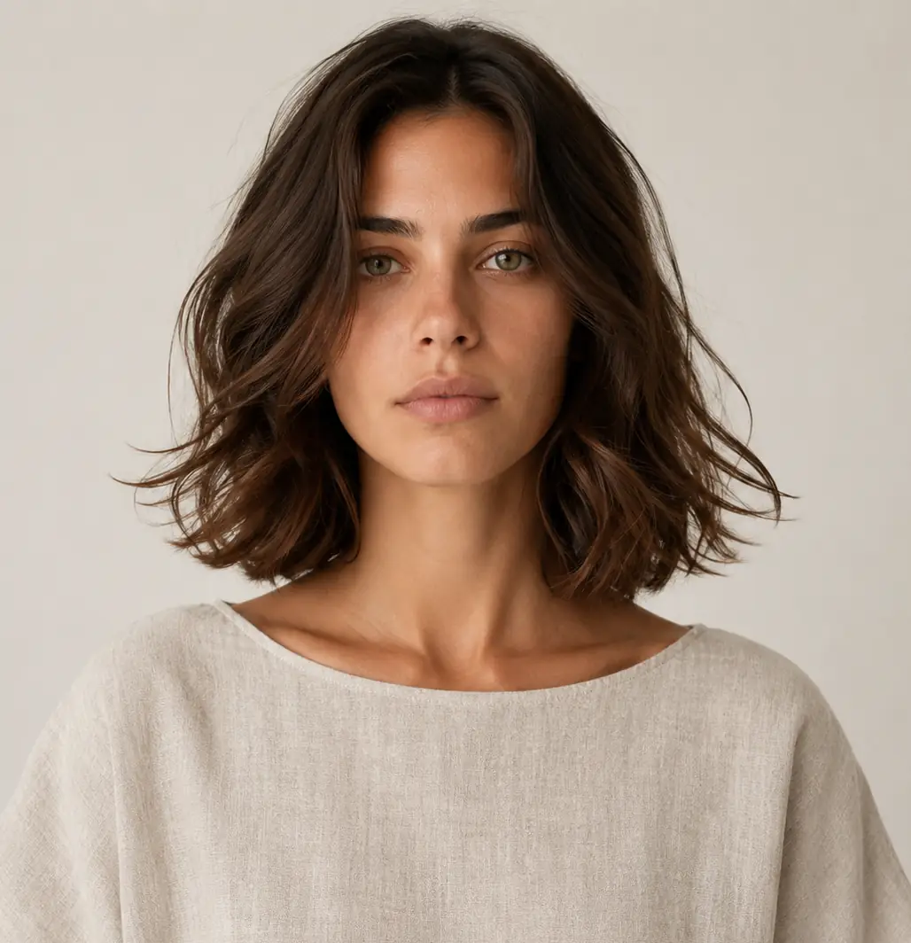 Undone brunette chin-length wavy bob with soft natural everyday texture