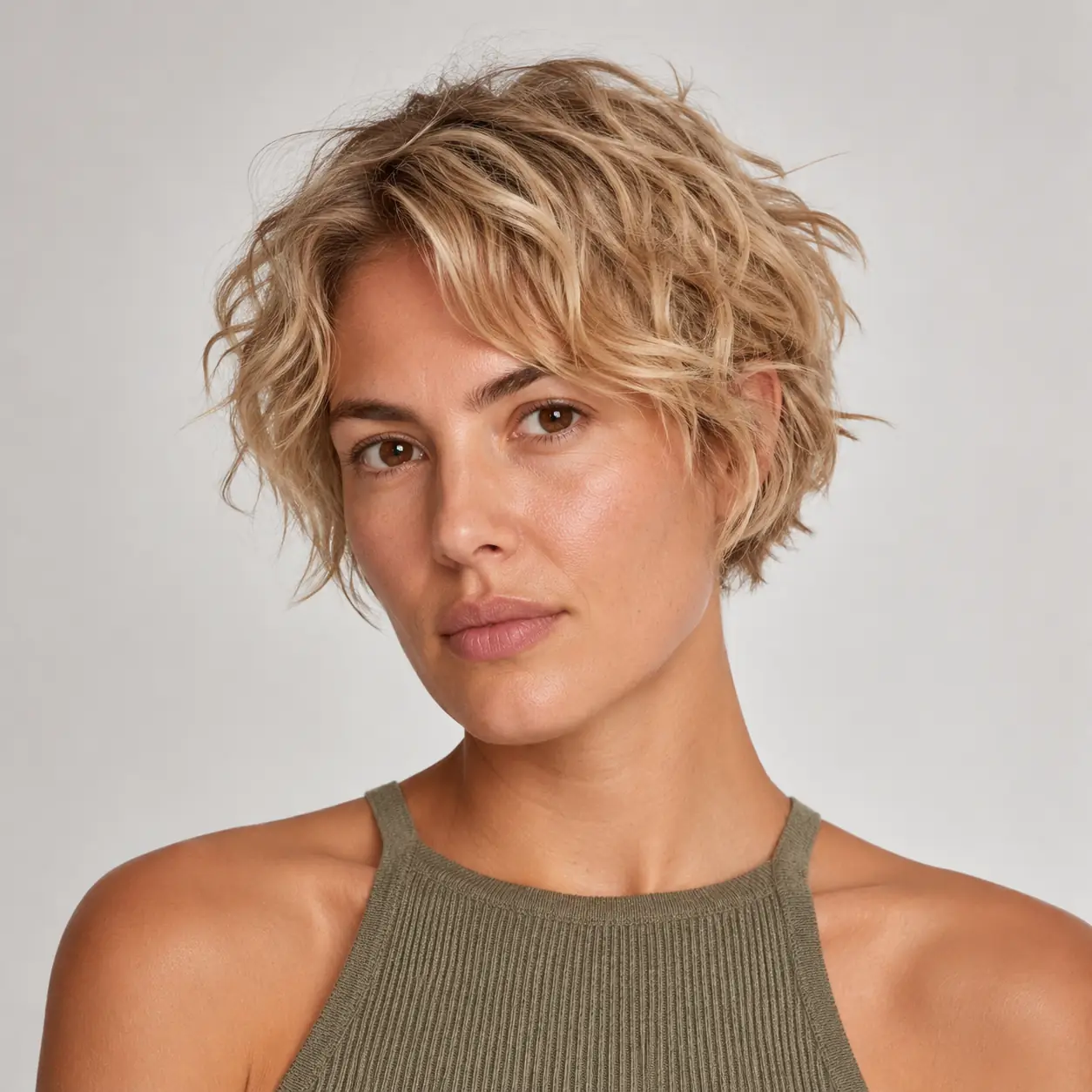 Tousled blonde shag crop with short disconnected layers and messy natural texture