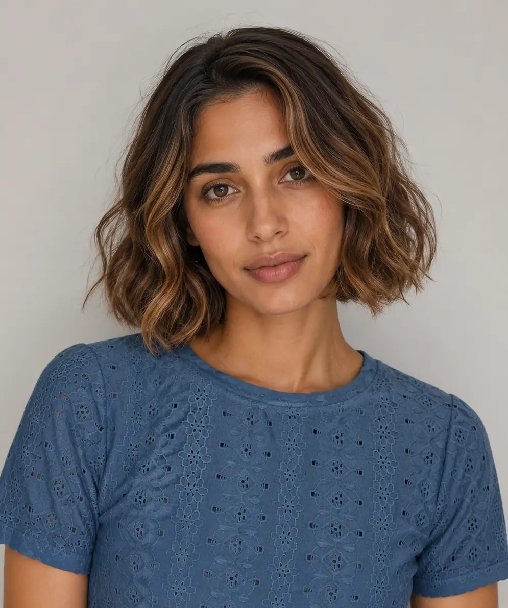Full bouncy waves and warm balayage giving a wavy bob real volume through the mid-lengths