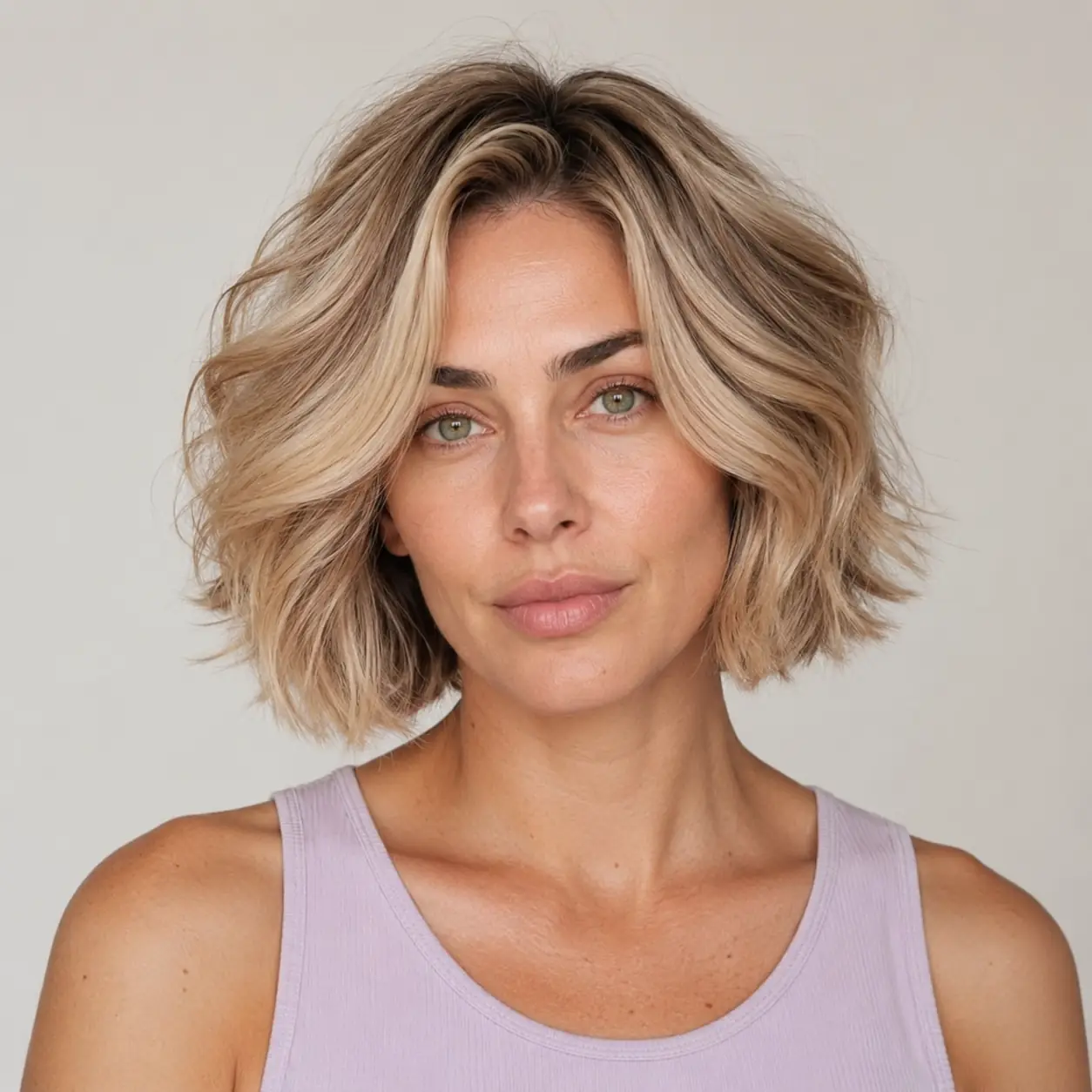 Voluminous blonde wavy bob swept off the face with bouncy balayage-lit waves