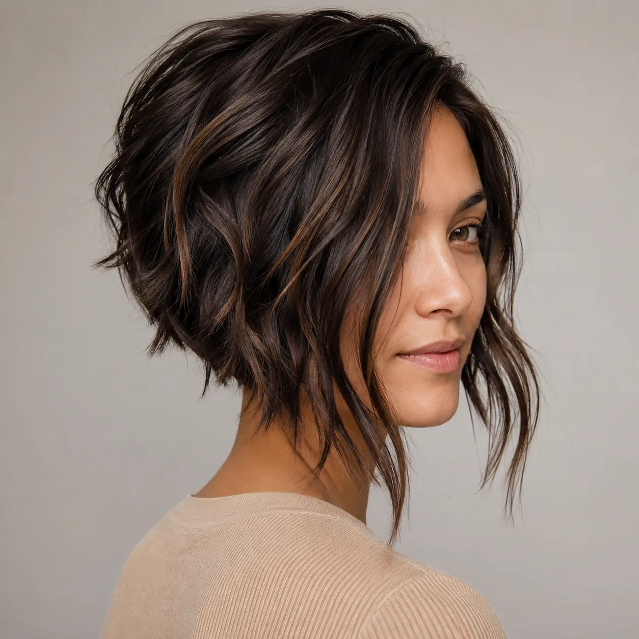 Angled A-line wavy bob in dark brown, shorter at the nape and longer at the front