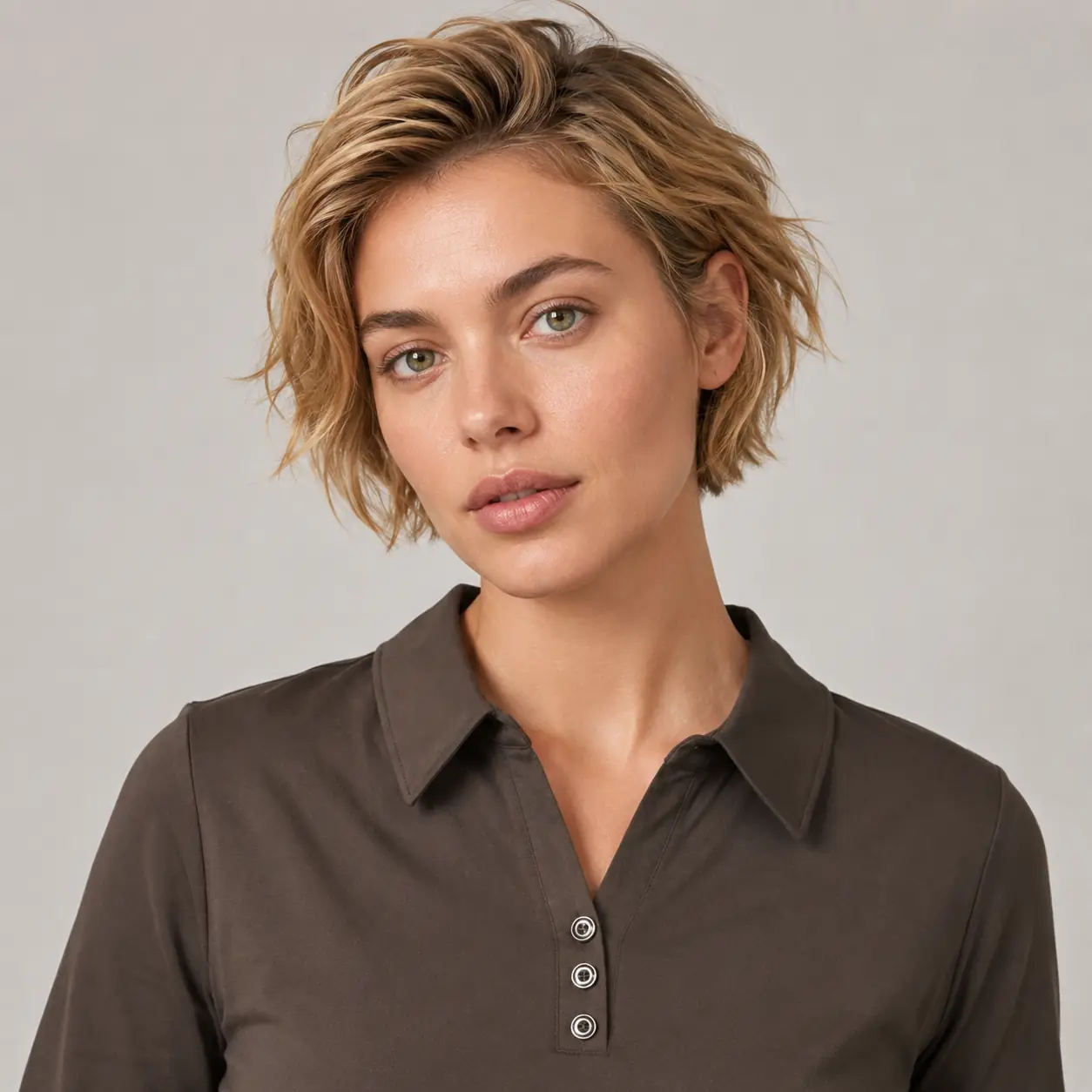 Short blonde pixie left wavy on top for a soft, feminine cropped shape