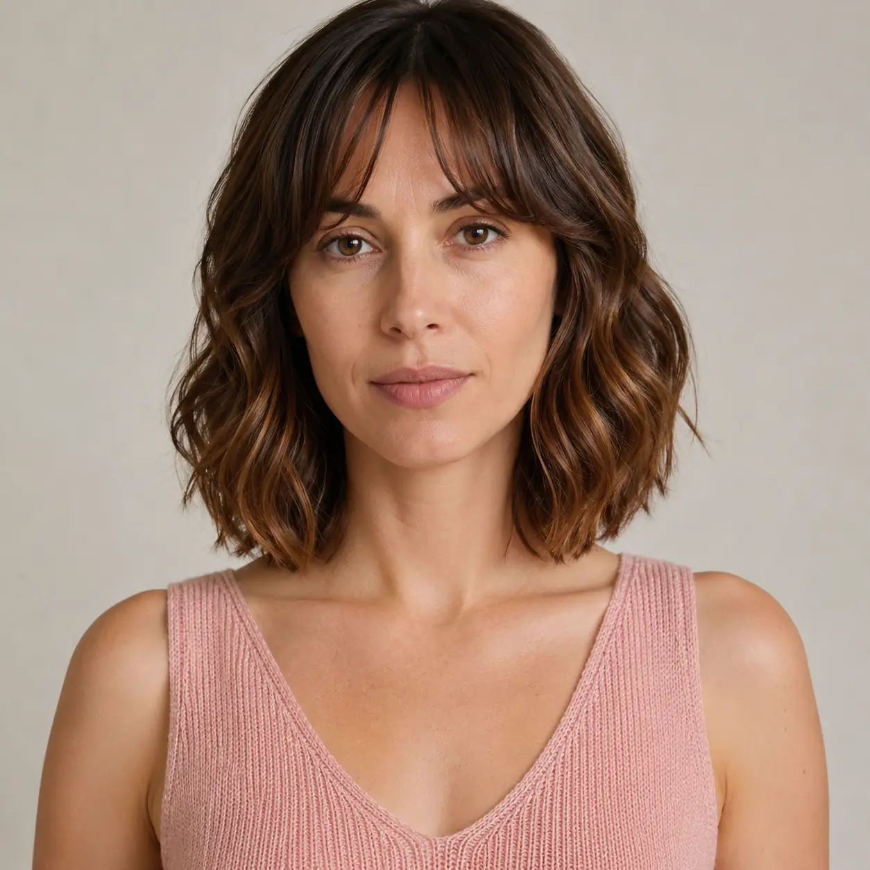 Balayage brunette wavy bob with center-split curtain bangs framing the eyes