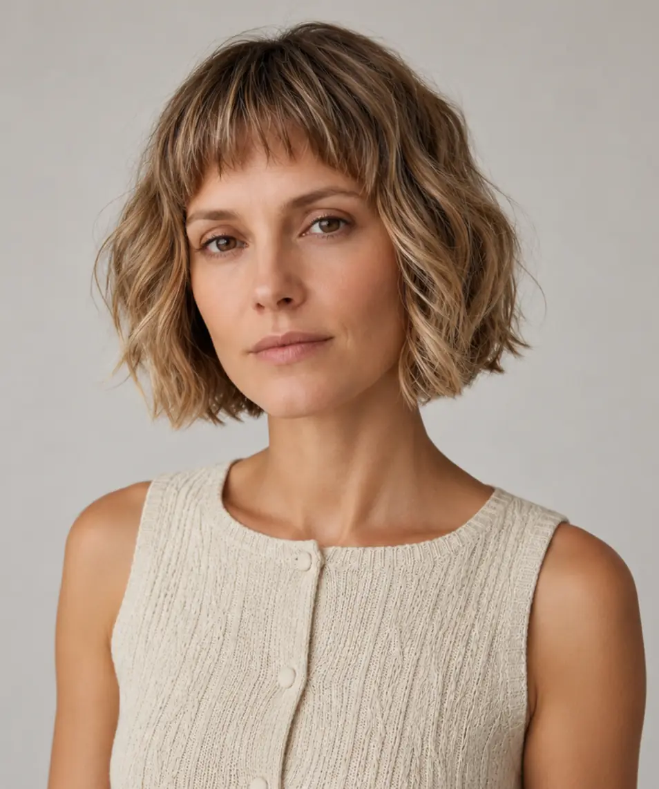 Bronde wavy bob with a soft piecey wispy fringe for a light, low-commitment look