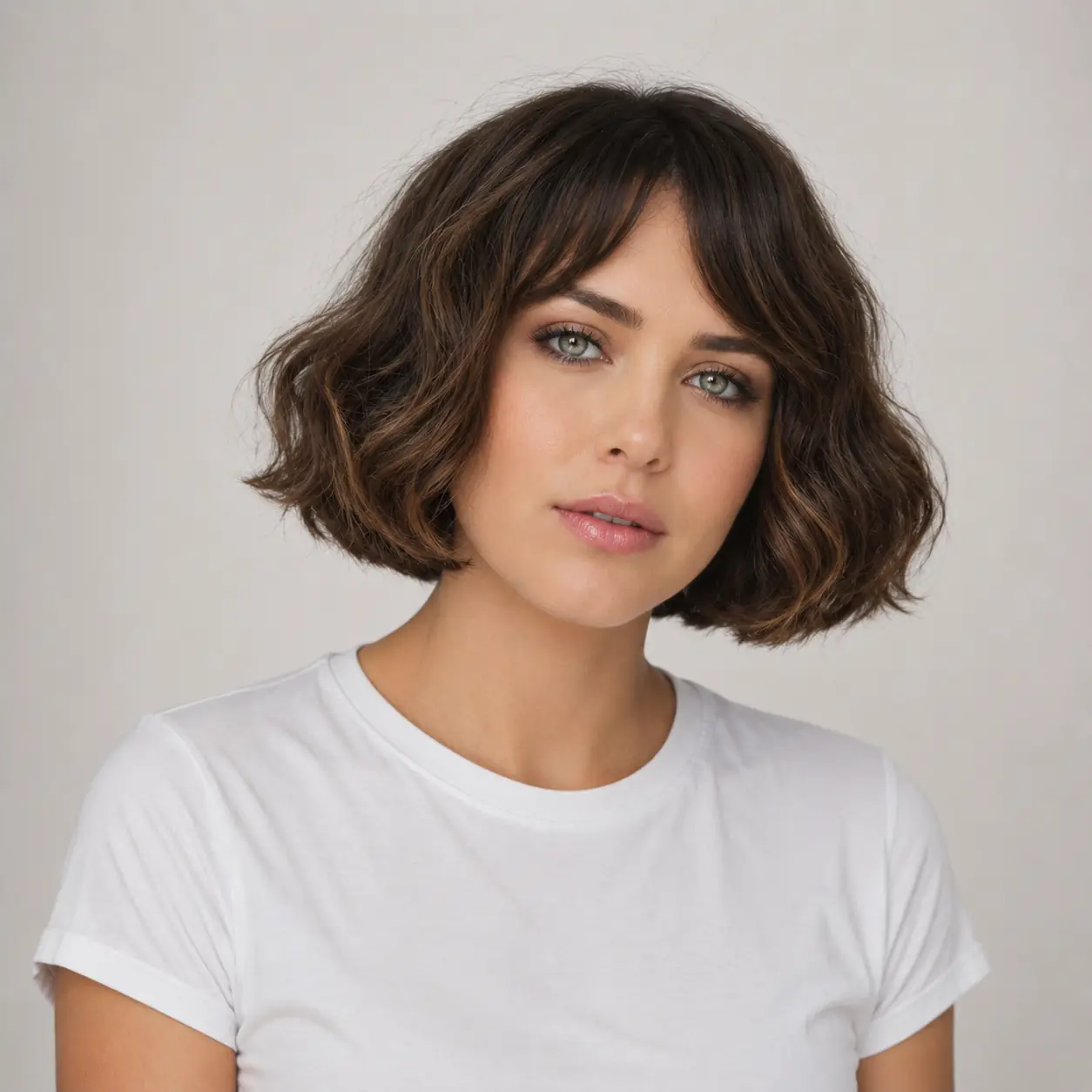 Short brunette wavy bob with a piecey wispy fringe and soft French-style texture