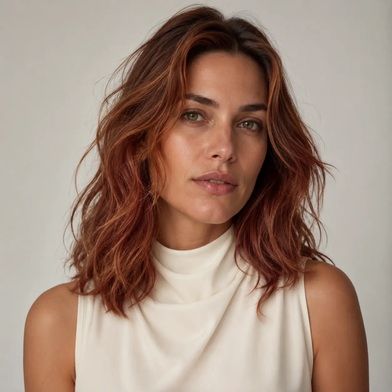Rich auburn tousled wavy lob with glossy depth on medium-density hair