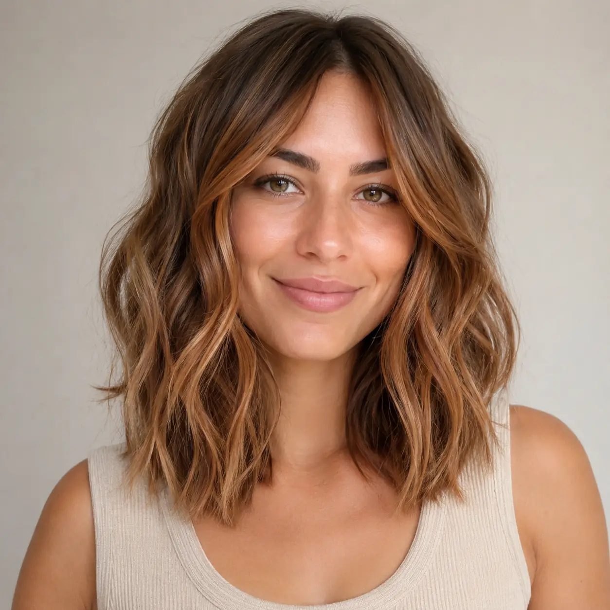 Collarbone wavy lob with center-split curtain bangs and warm balayage through the waves