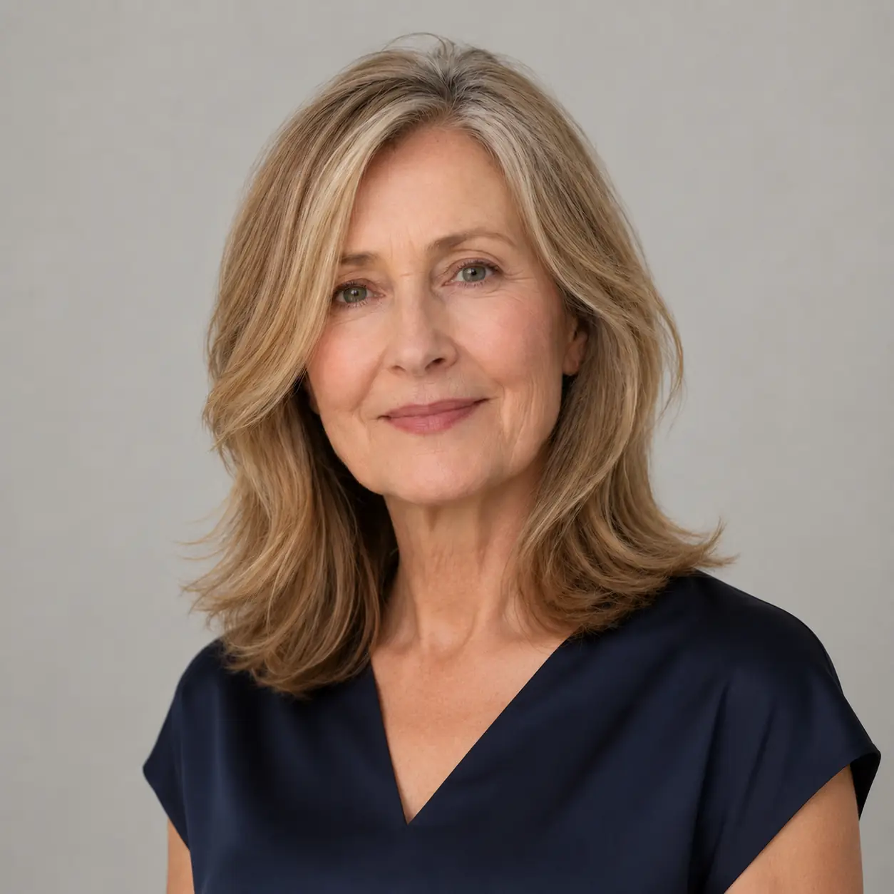 Soft balayage shoulder-length layers with bright low-maintenance dimension over 50