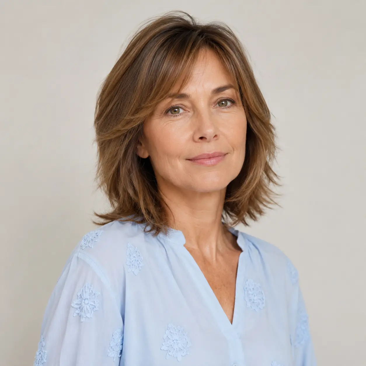 Caramel balayage shag lob with soft bangs pairing bright color and face-framing texture