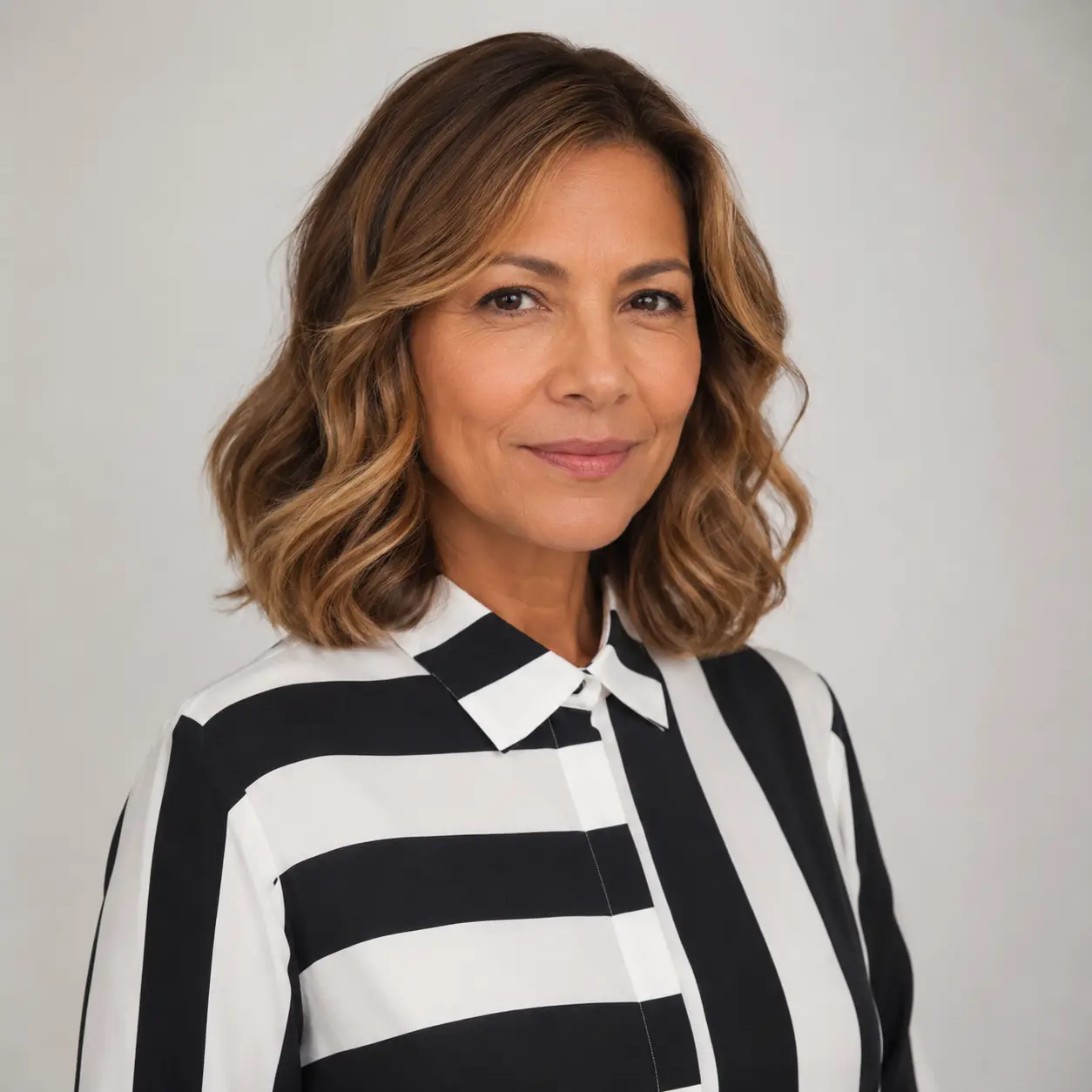 Brown-bronde wavy lob with balayage and dimensional color following the waves over 50