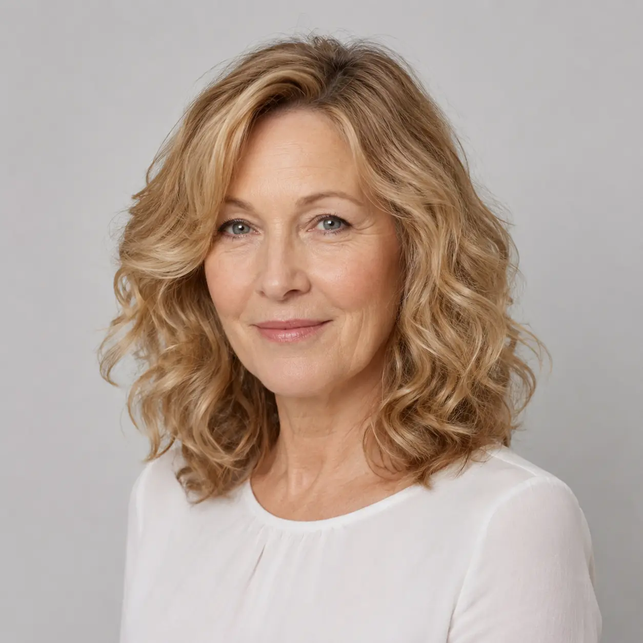 Blonde curly lob full of loose curl framing the face with body over 50