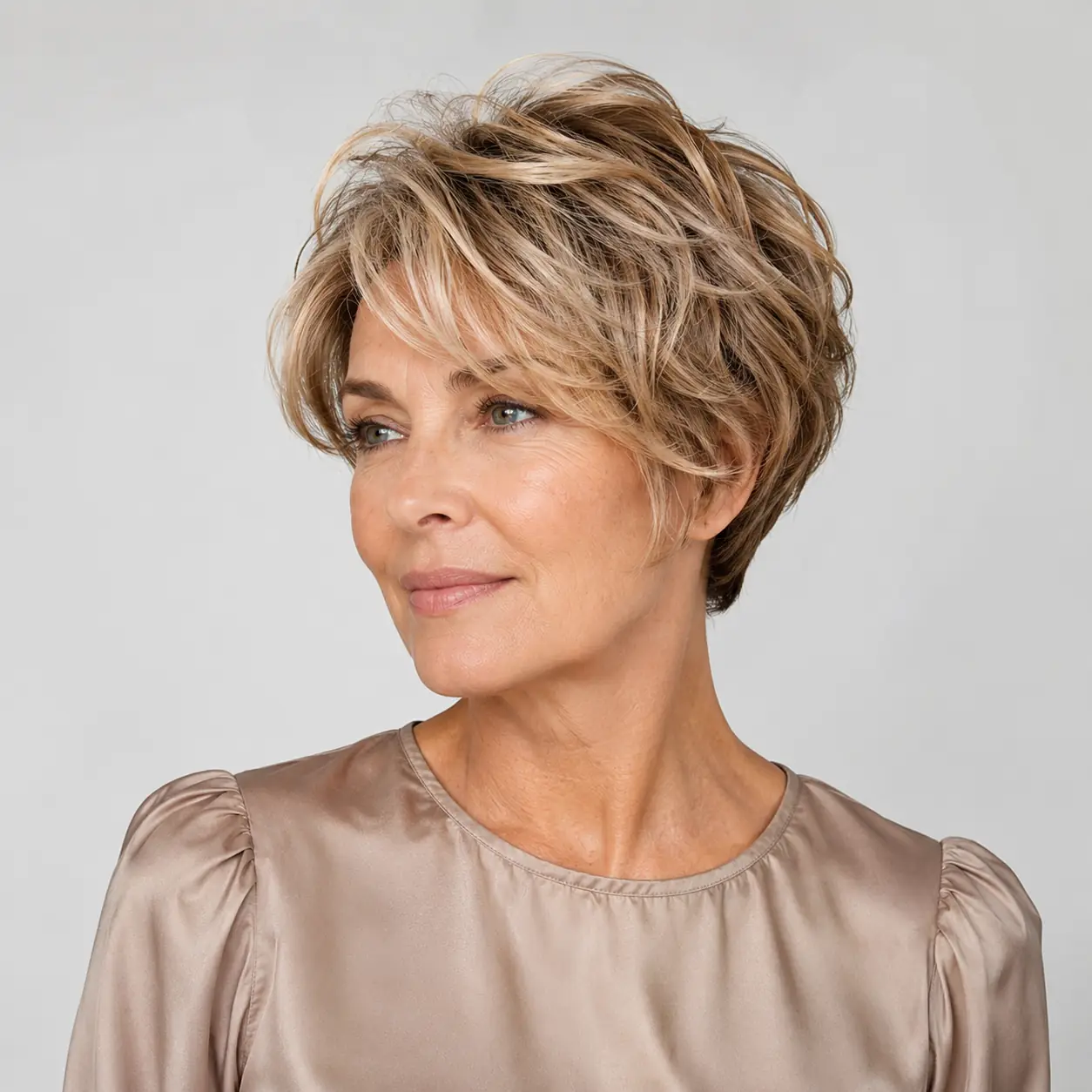 Textured blonde pixie with side-swept bangs framing the face softly over 50
