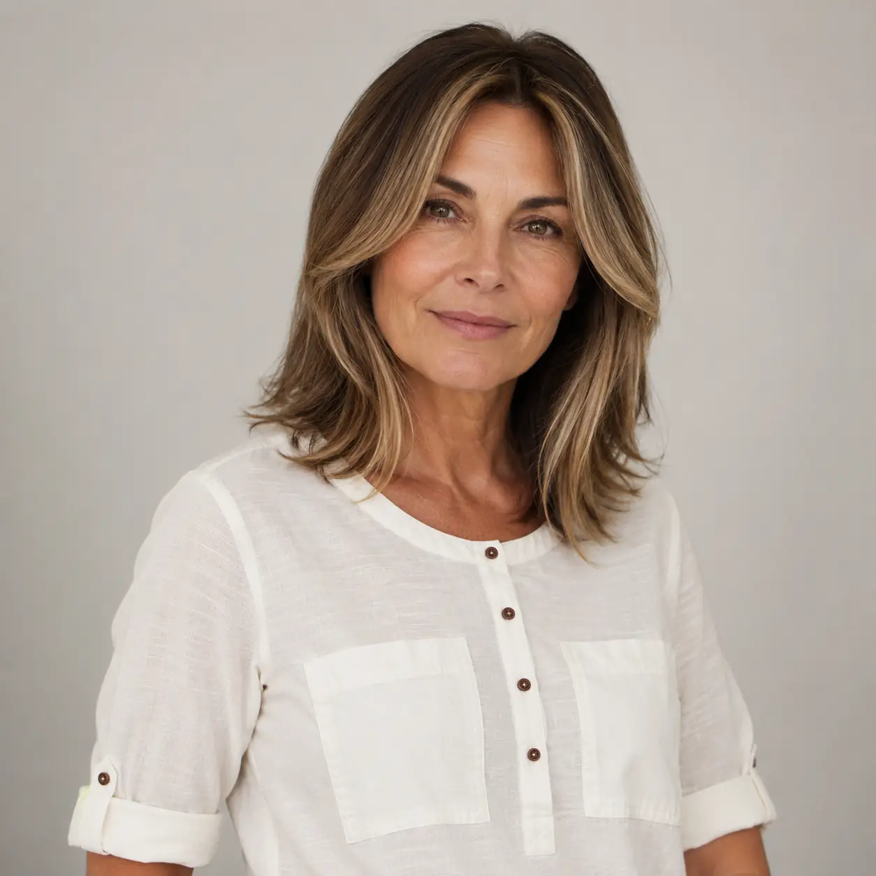 Bronde long layers with balayage and soft waves, glossy and dimensional over 50