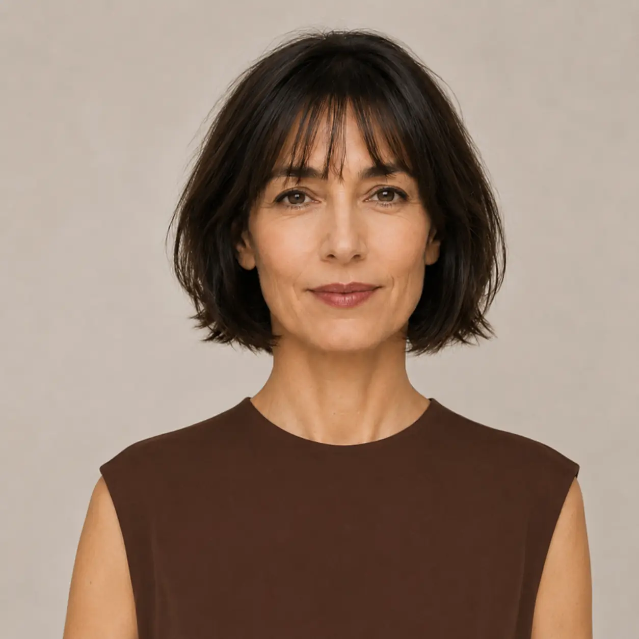Dark chin-length bob with a soft fringe framing the face over 50