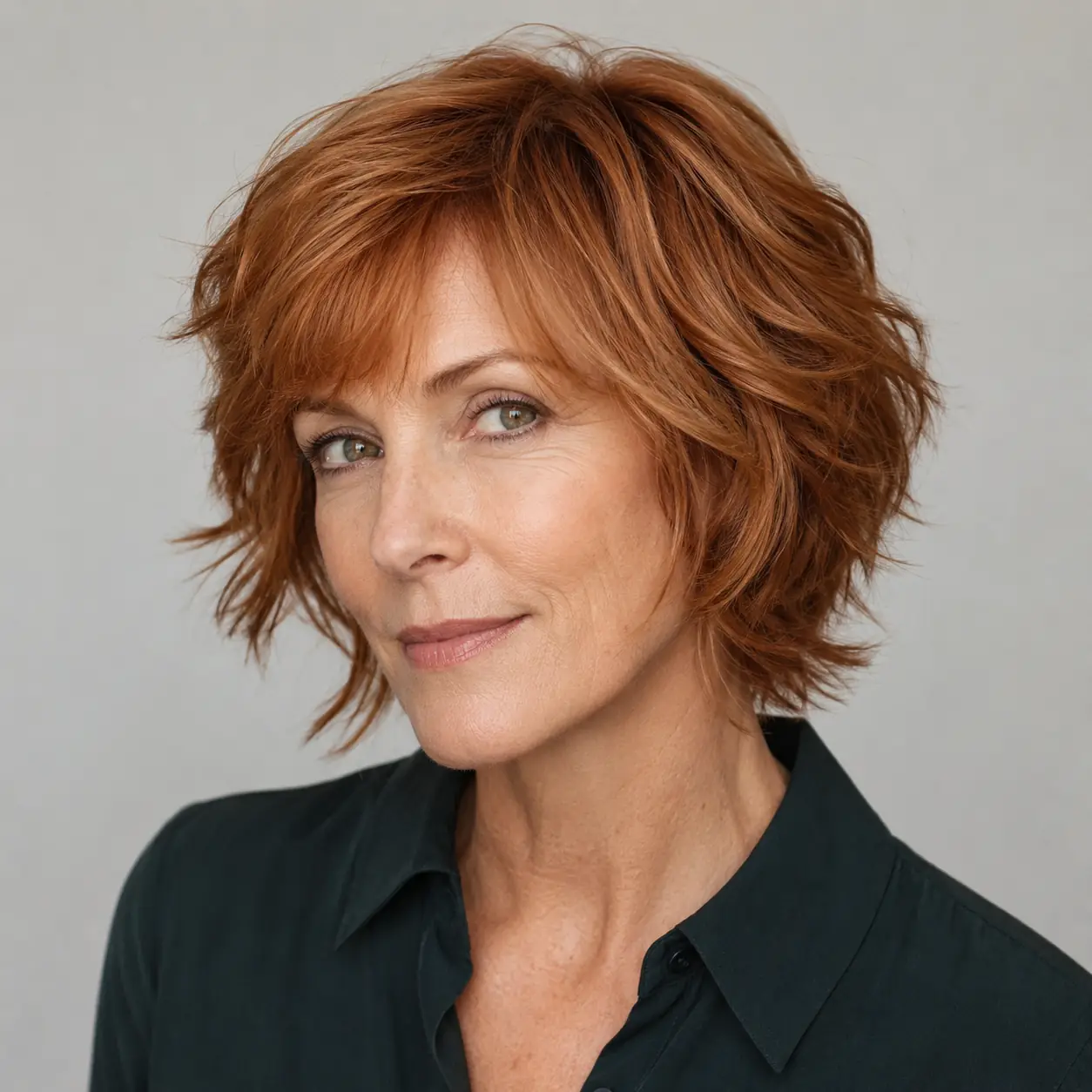 Vivid copper shaggy bob with tousled layers, a warm statement full of movement
