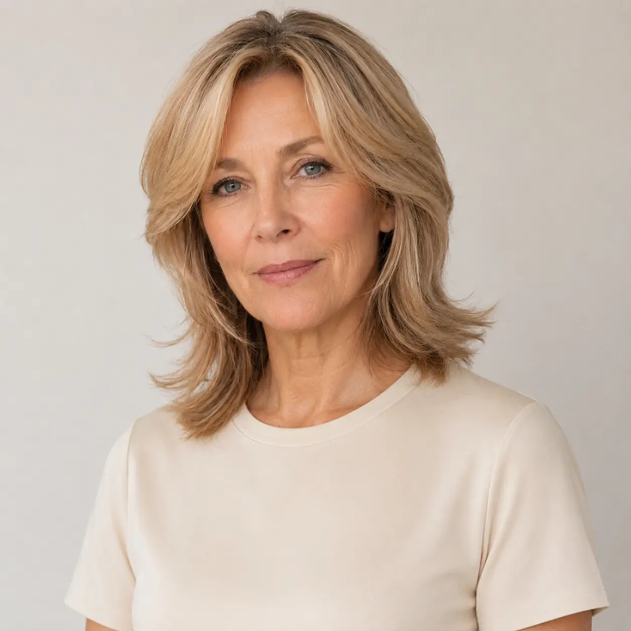 Blonde-gray feathered layered lob with a side part, soft and current over 50