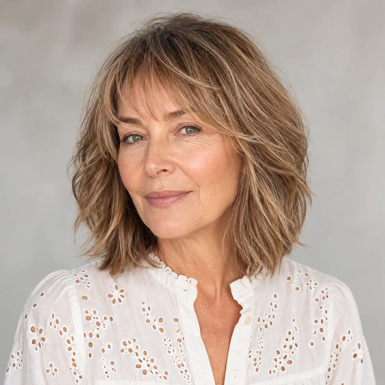 Bronde shag lob with feathered layers and a soft fringe, warm and current