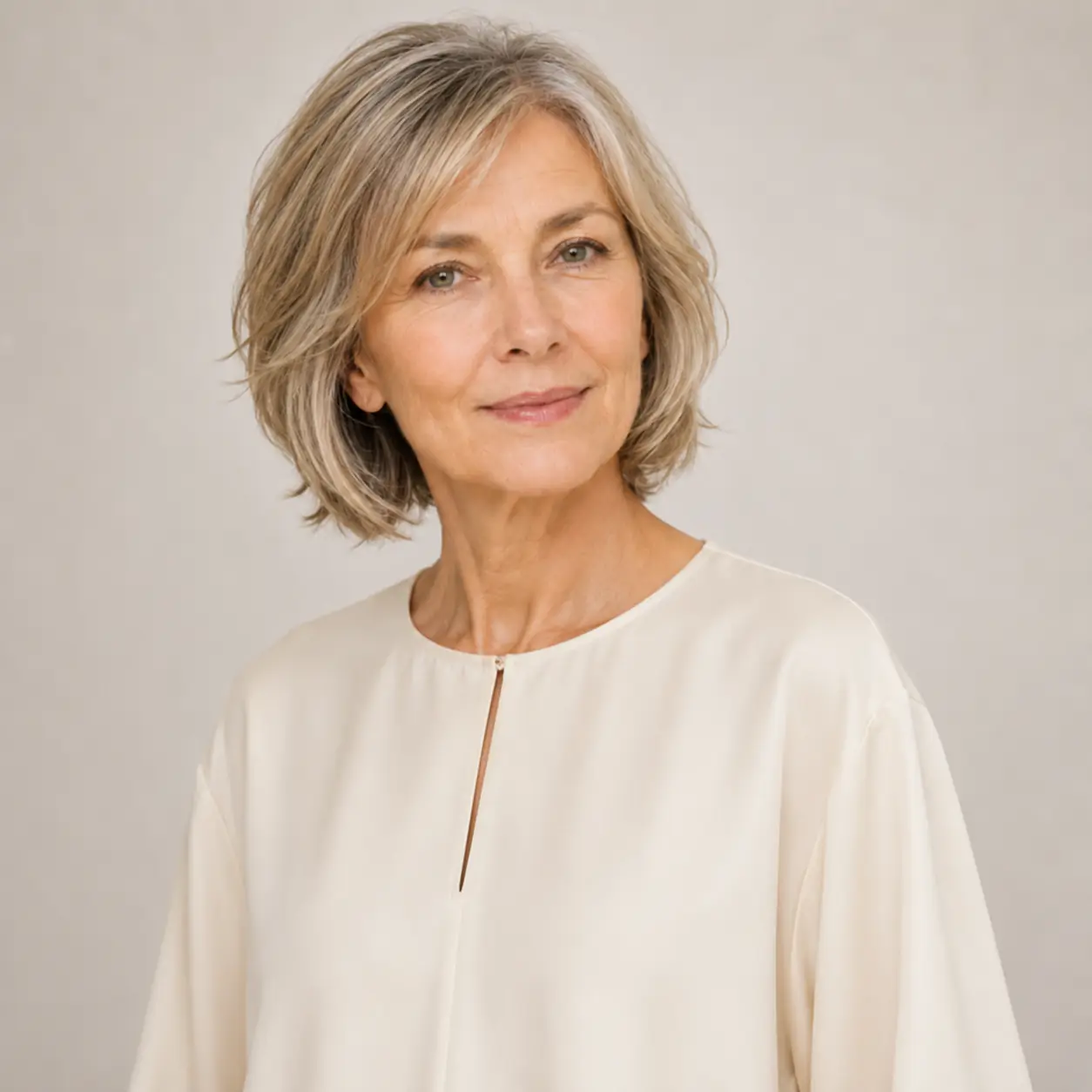 Silver layered bob with feathered ends and a side part adding airy movement