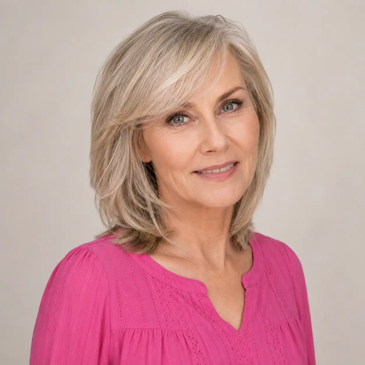 Blonde-gray feathered layered bob with a side part, airy and modern on fine hair
