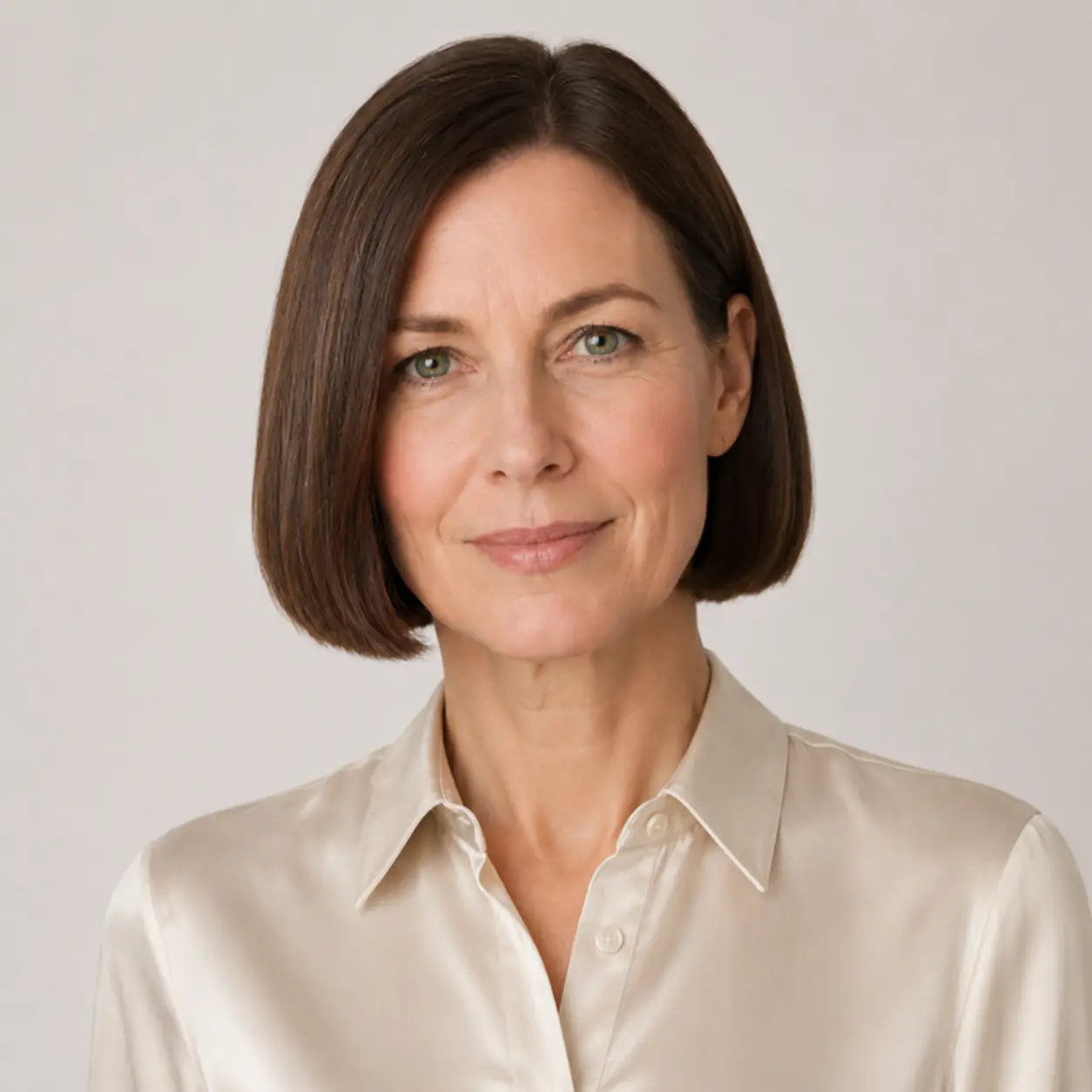 Chin-length glossy brown blunt bob with a sharp dense edge on fine hair over 50