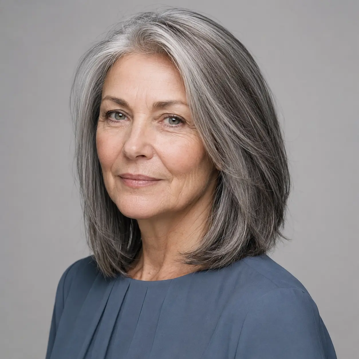 Long silver-gray layers worn straight, proving gray hair can be long and modern