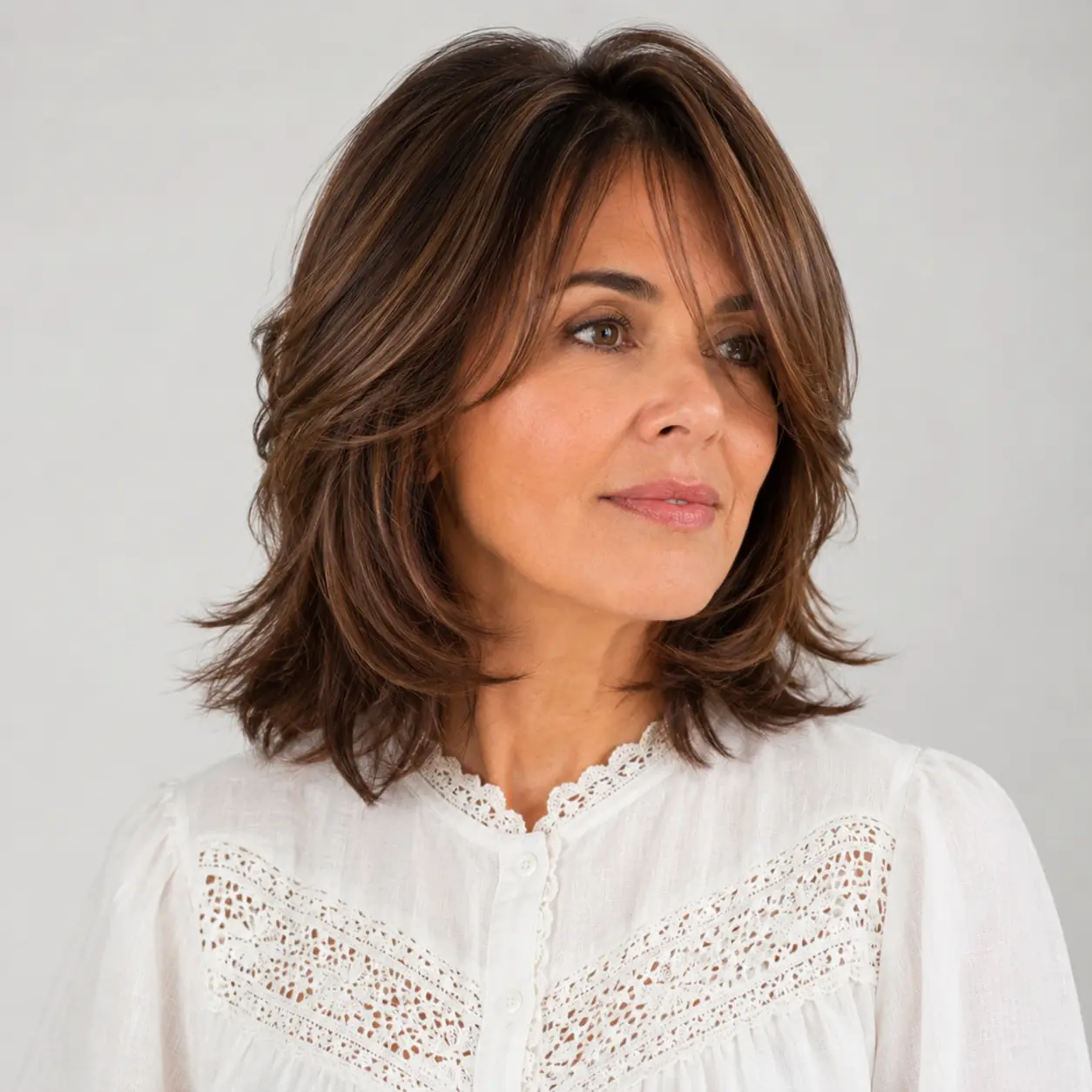 Brown long layers with a soft fringe framing the face and adding movement to length
