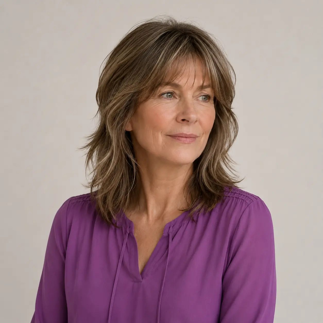 Bronde shag lob with curtain bangs and soft face-framing texture on wavy hair