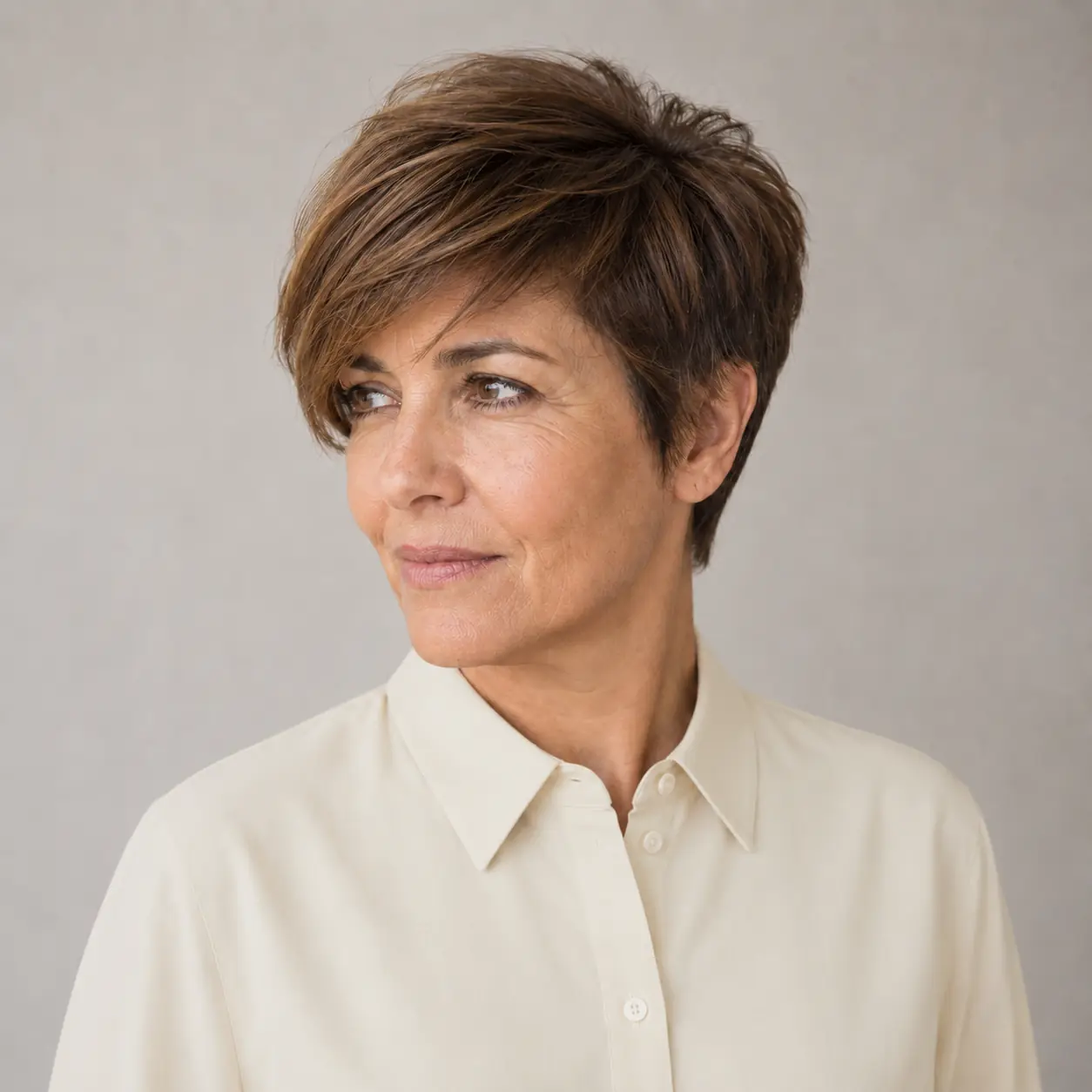 Short brown pixie swept softly to one side, polished and easy on a woman over 50
