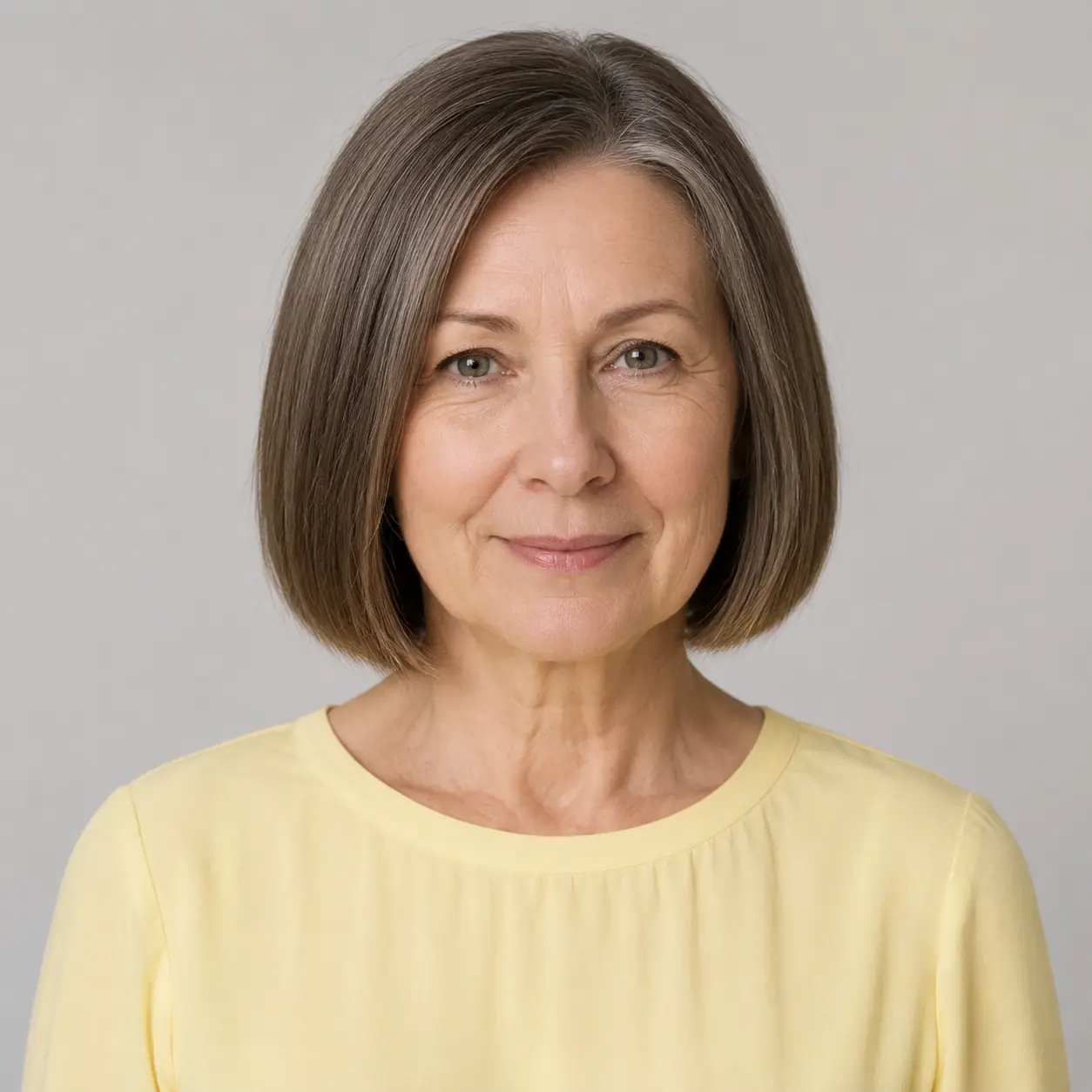 Gray-brown sleek blunt bob with a center part, clean and polished on fine hair