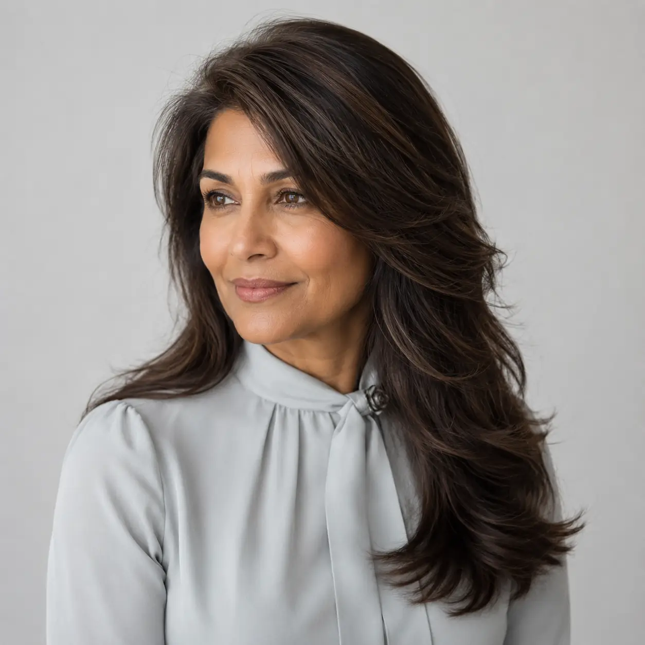 Dark long layers with a sleek side-swept finish, polished and elegant over 50