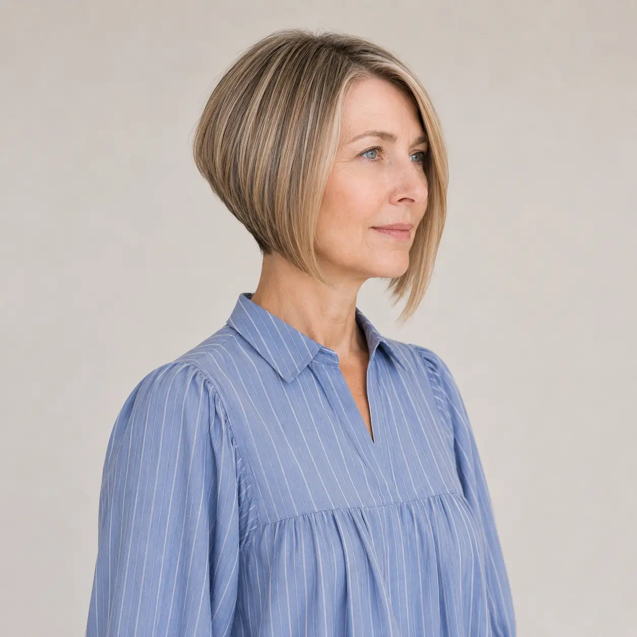 Sleek blonde-gray bob with a deep side part, clean and modern on fine hair
