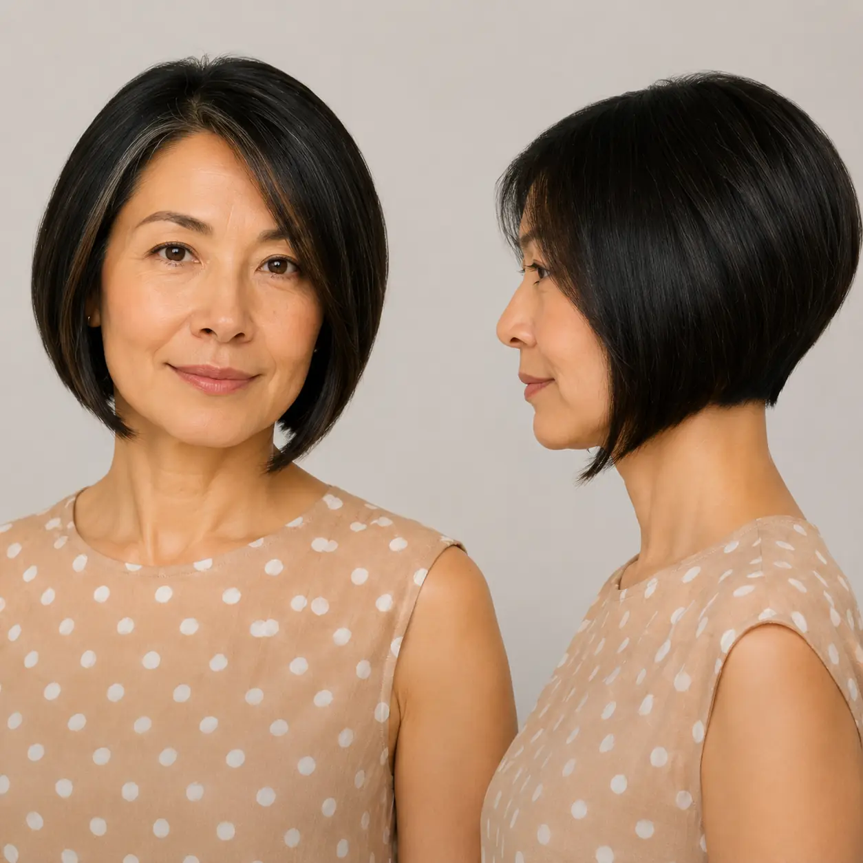 Dark stacked bob with a lifted back and sleek finish building crown volume