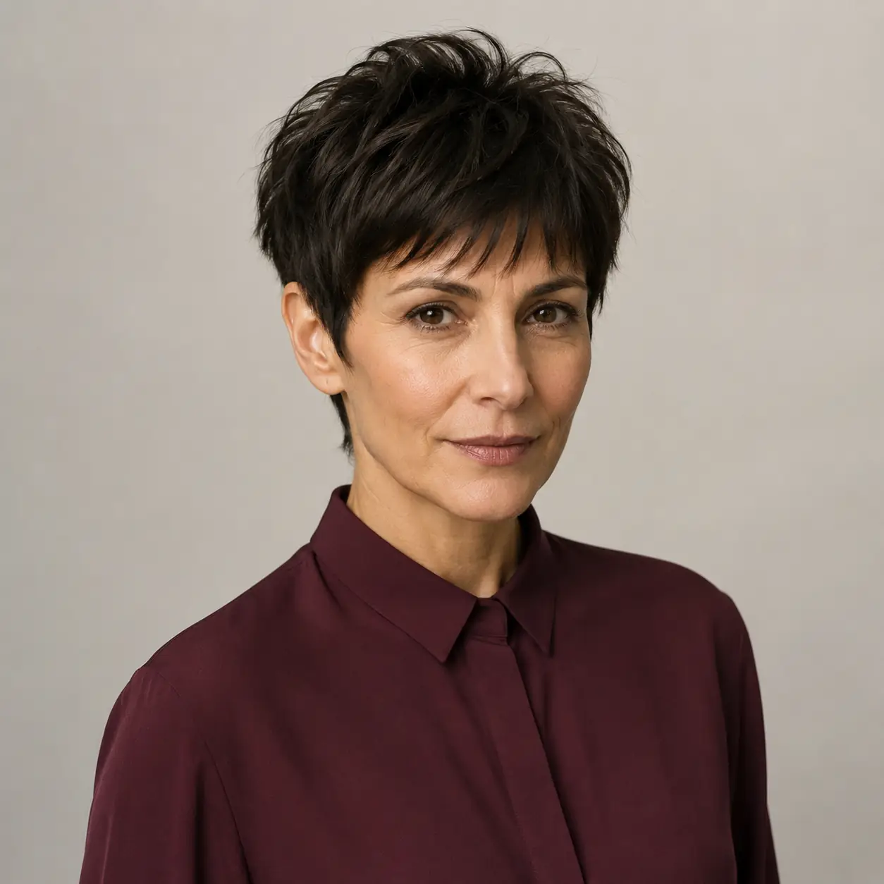 Spiky textured dark pixie with a bold confident piecey top on mature hair