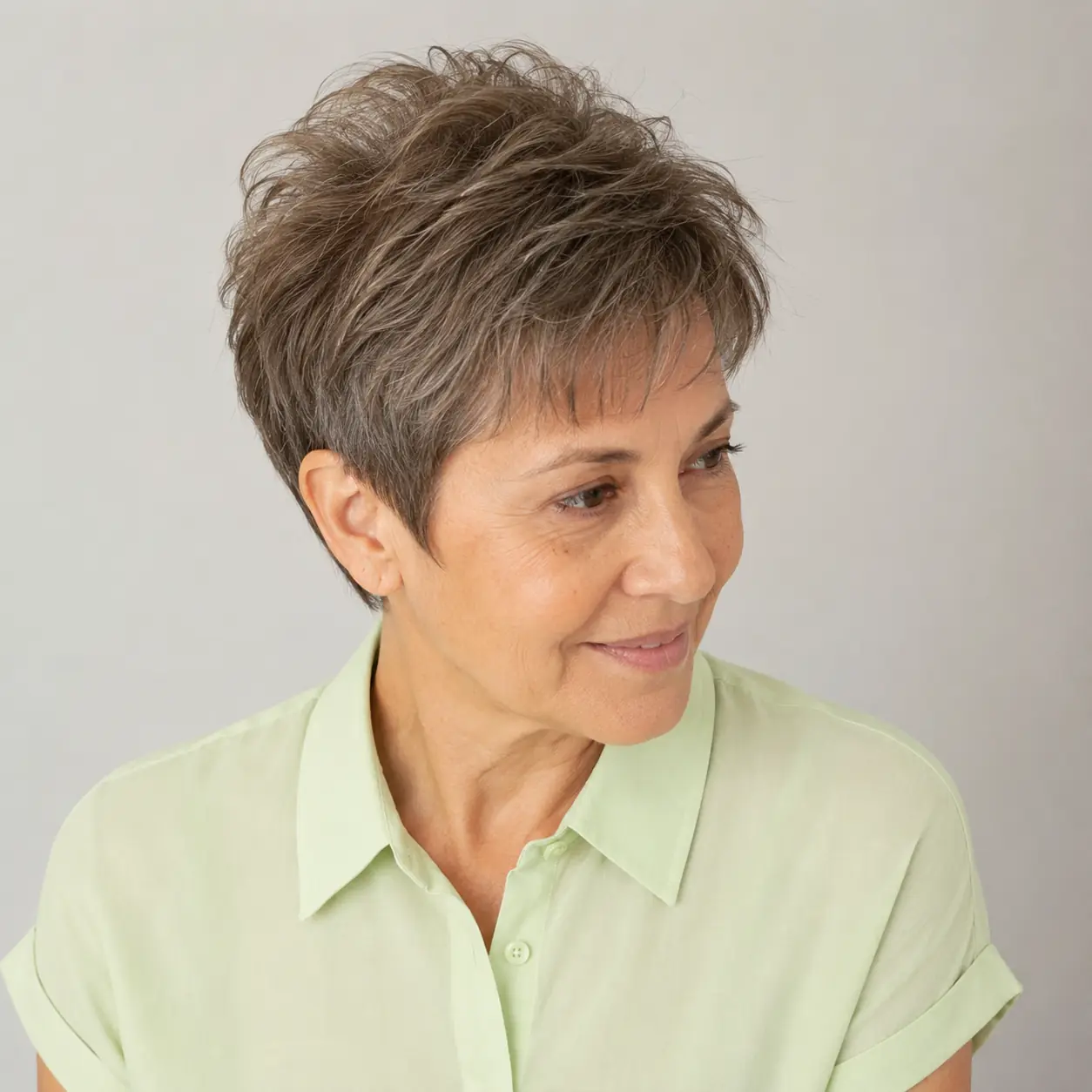 Spiky gray pixie with piecey texture, confident and current on thinning hair