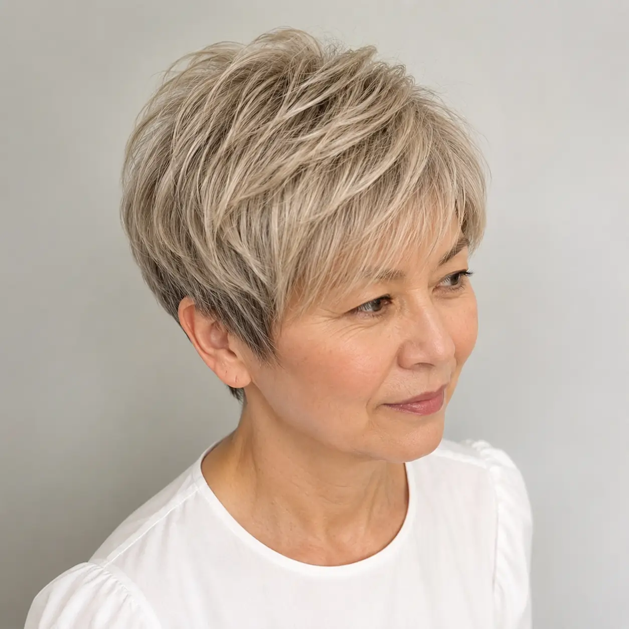 Spiky textured silver pixie, playful and modern with crown volume