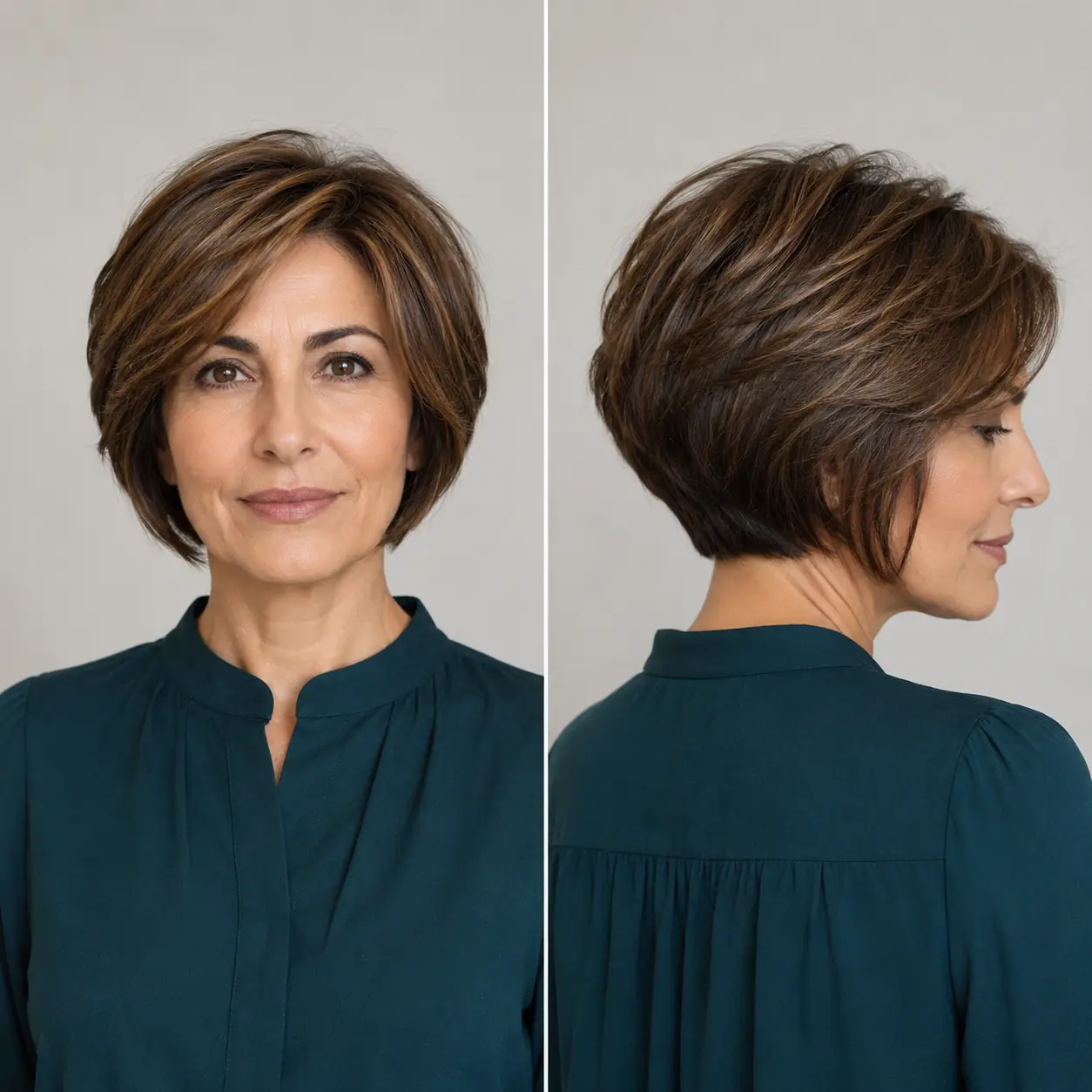 Brown stacked pixie-bob with height at the back and a longer face-framing front